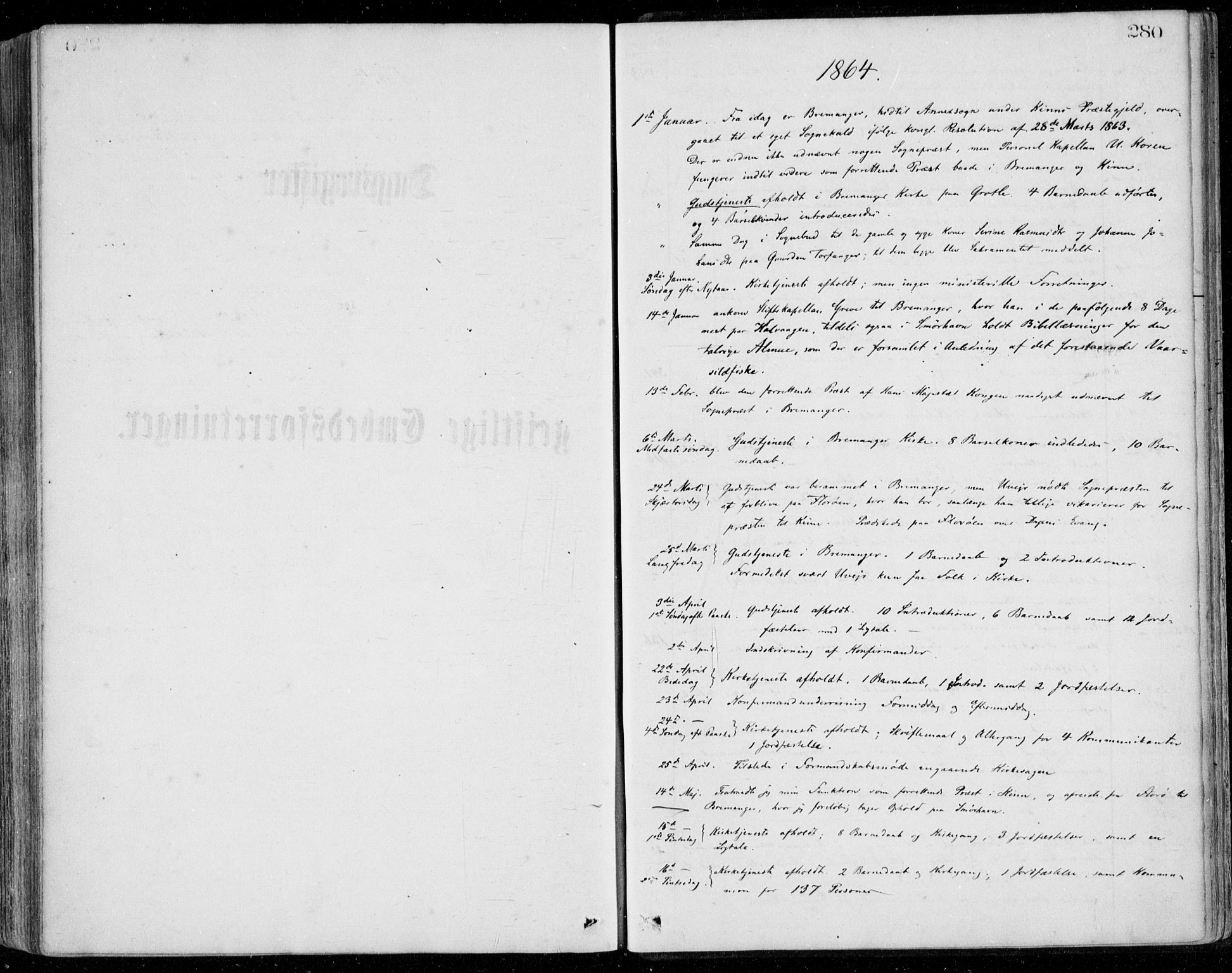 Bremanger sokneprestembete, AV/SAB-A-82201/H/Haa/Haaa/L0001: Parish register (official) no. A  1, 1864-1883, p. 280