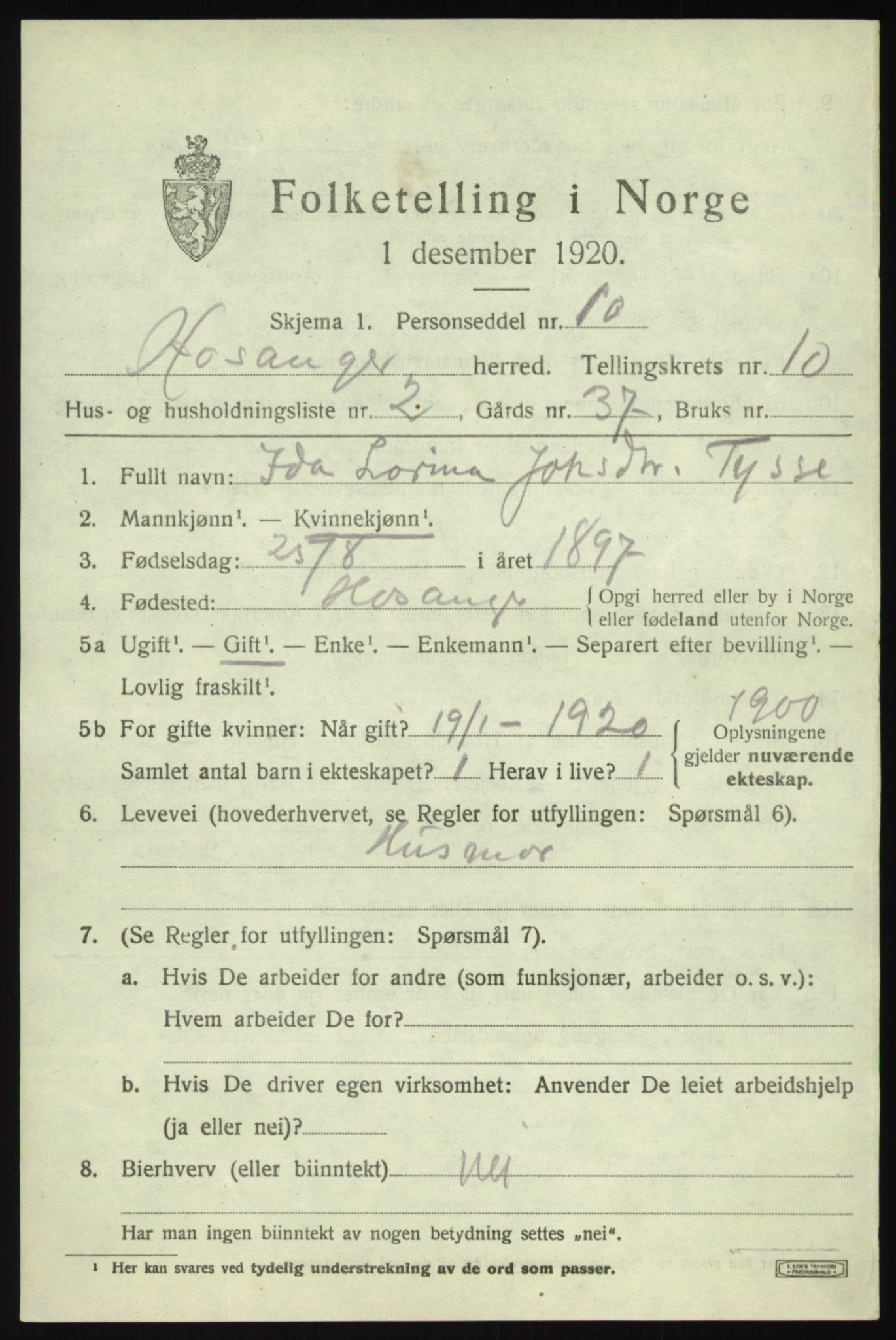 SAB, 1920 census for Hosanger, 1920, p. 4229