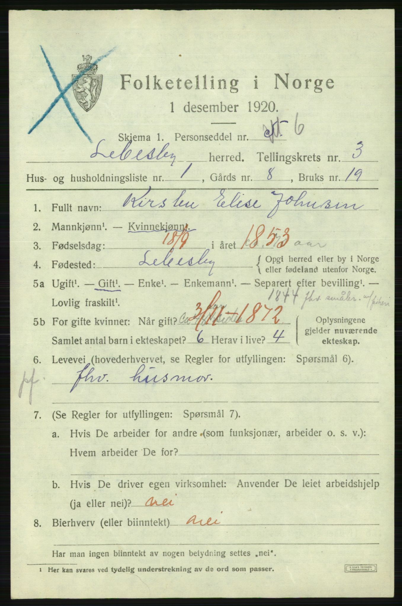 SATØ, 1920 census for Lebesby, 1920, p. 1255