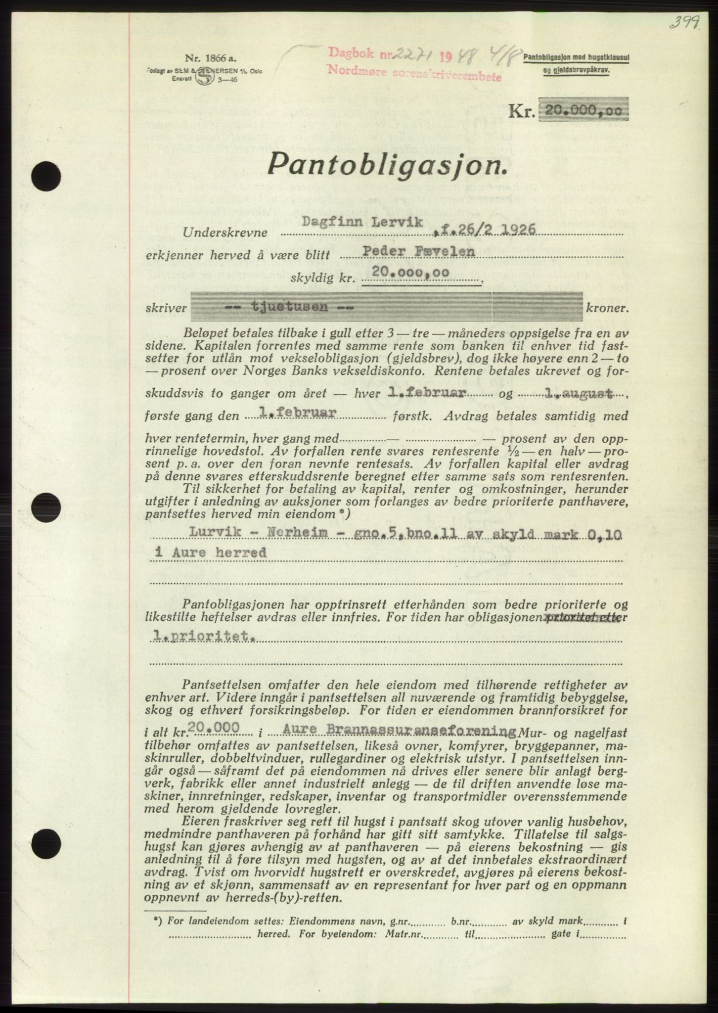 Nordmøre sorenskriveri, AV/SAT-A-4132/1/2/2Ca: Mortgage book no. B99, 1948-1948, Diary no: : 2271/1948