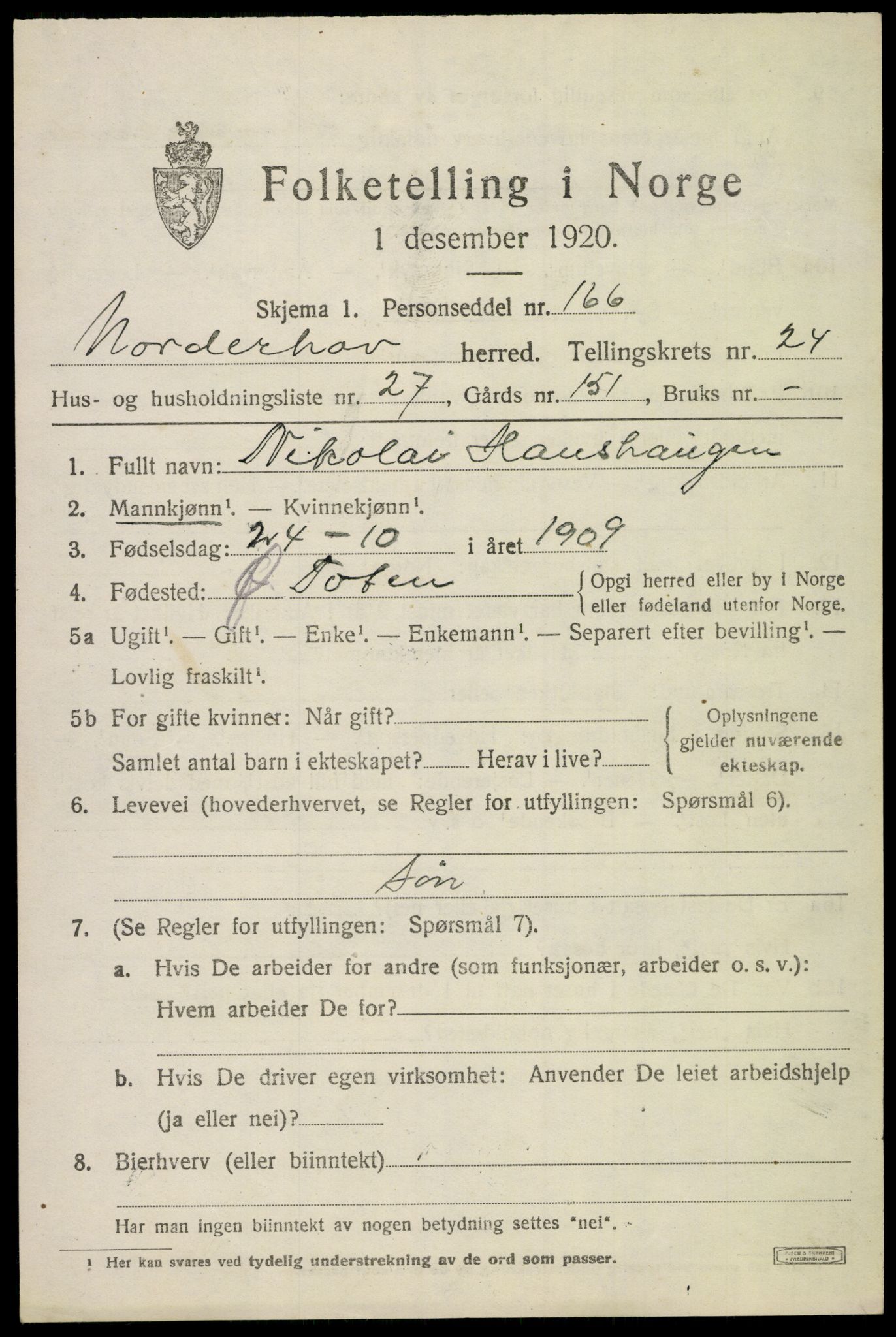 SAKO, 1920 census for Norderhov, 1920, p. 23771