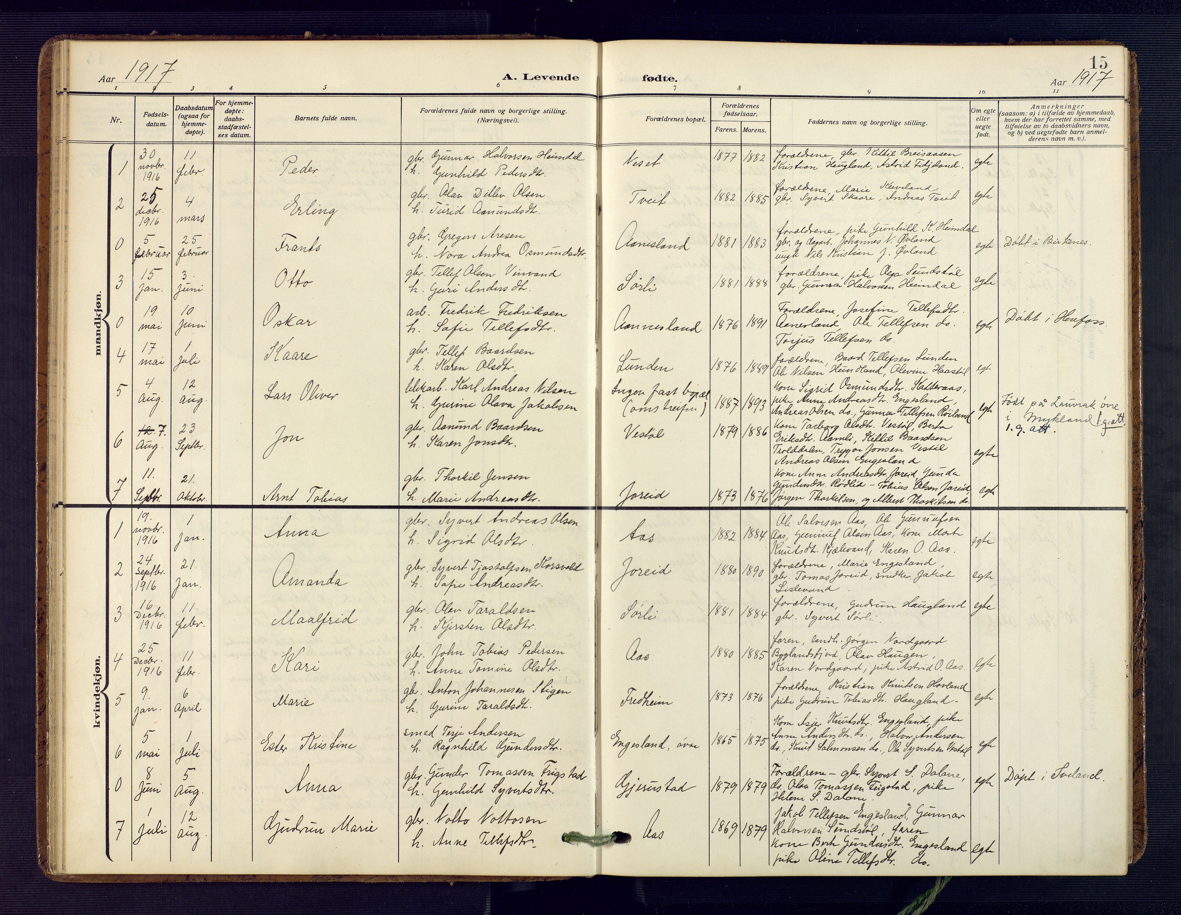 Herefoss sokneprestkontor, SAK/1111-0019/F/Fa/Fab/L0005: Parish register (official) no. A 5, 1910-1932, p. 15