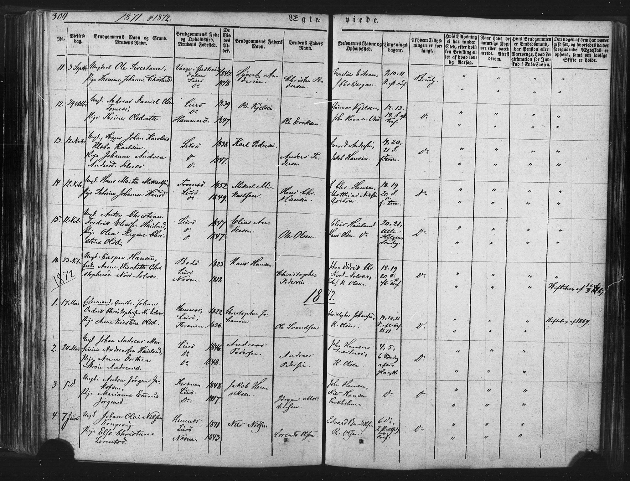 Ministerialprotokoller, klokkerbøker og fødselsregistre - Nordland, SAT/A-1459/839/L0567: Parish register (official) no. 839A04, 1863-1879, p. 304