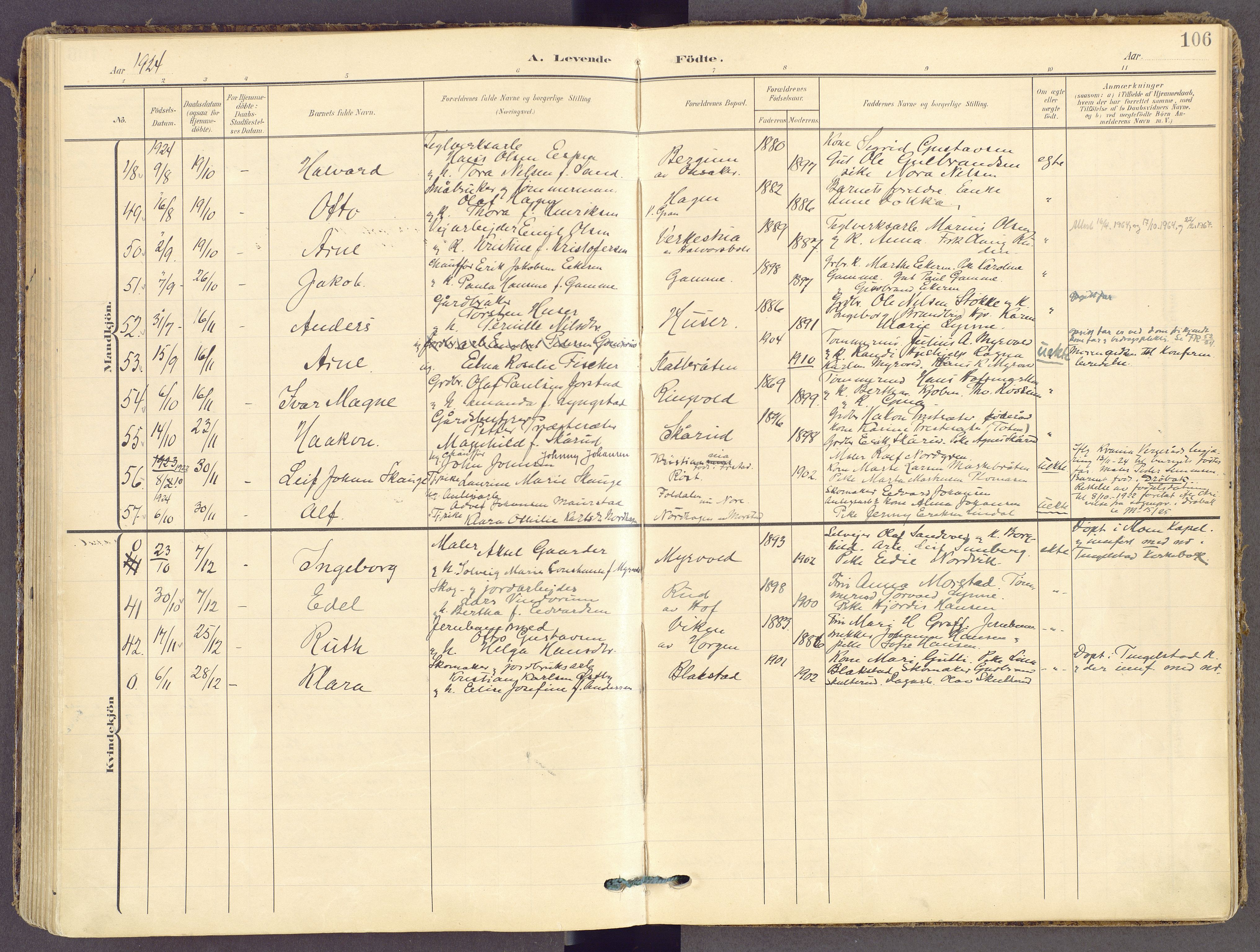 Gran prestekontor, SAH/PREST-112/H/Ha/Haa/L0021: Parish register (official) no. 21, 1908-1932, p. 106