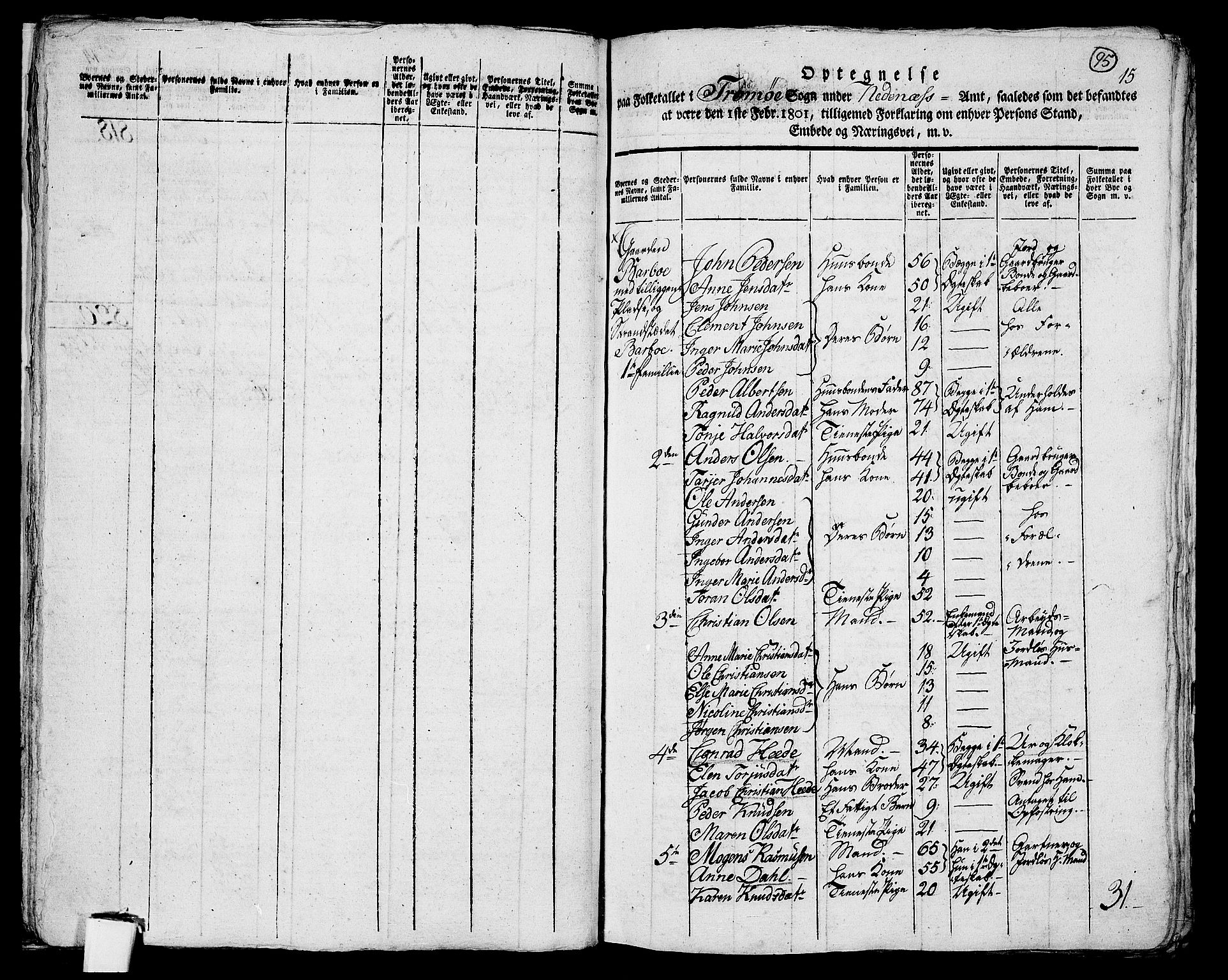 RA, 1801 census for 0918P Austre Moland, 1801, p. 94b-95a