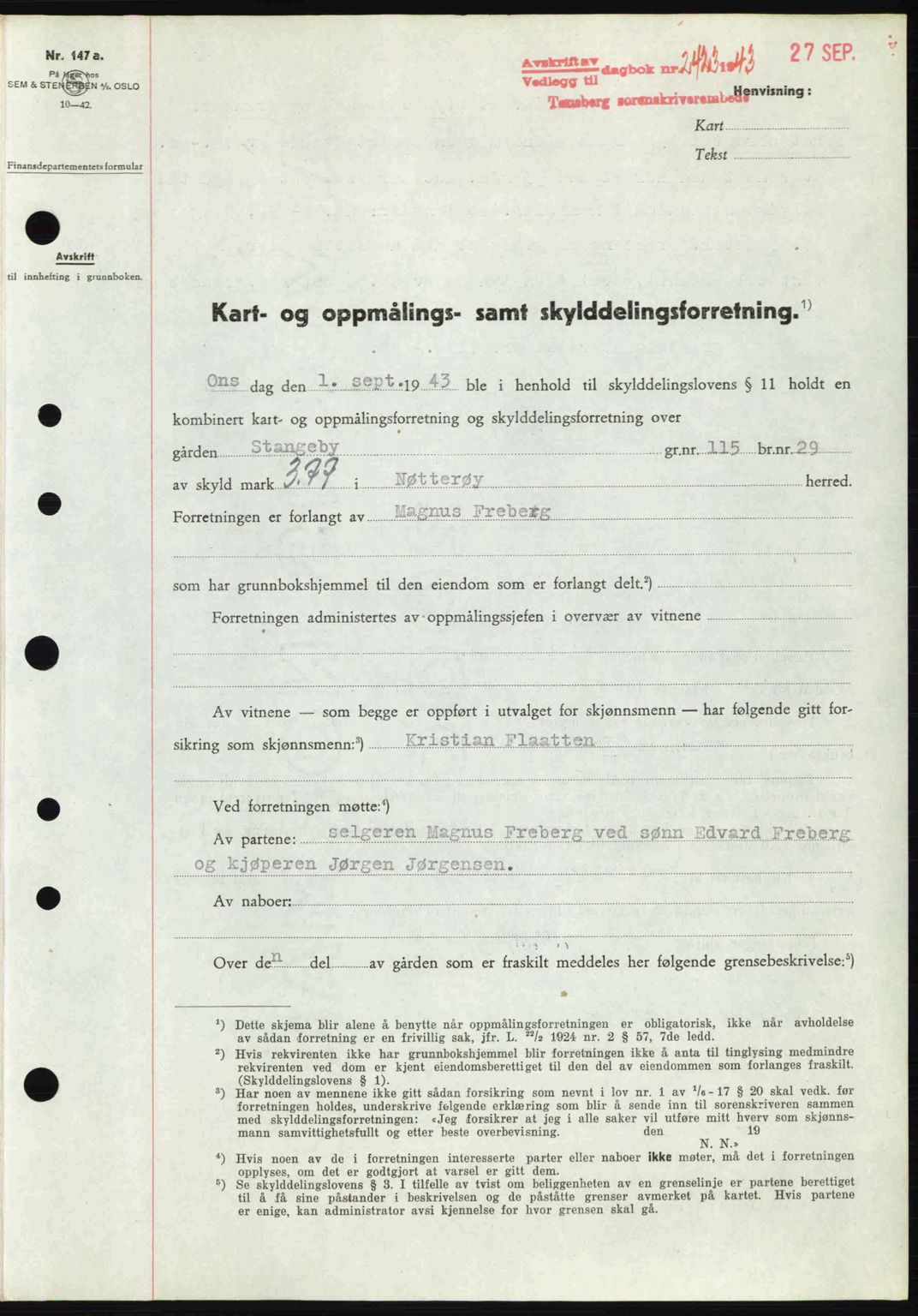 Tønsberg sorenskriveri, AV/SAKO-A-130/G/Ga/Gaa/L0014: Mortgage book no. A14, 1943-1944, Diary no: : 2423/1943