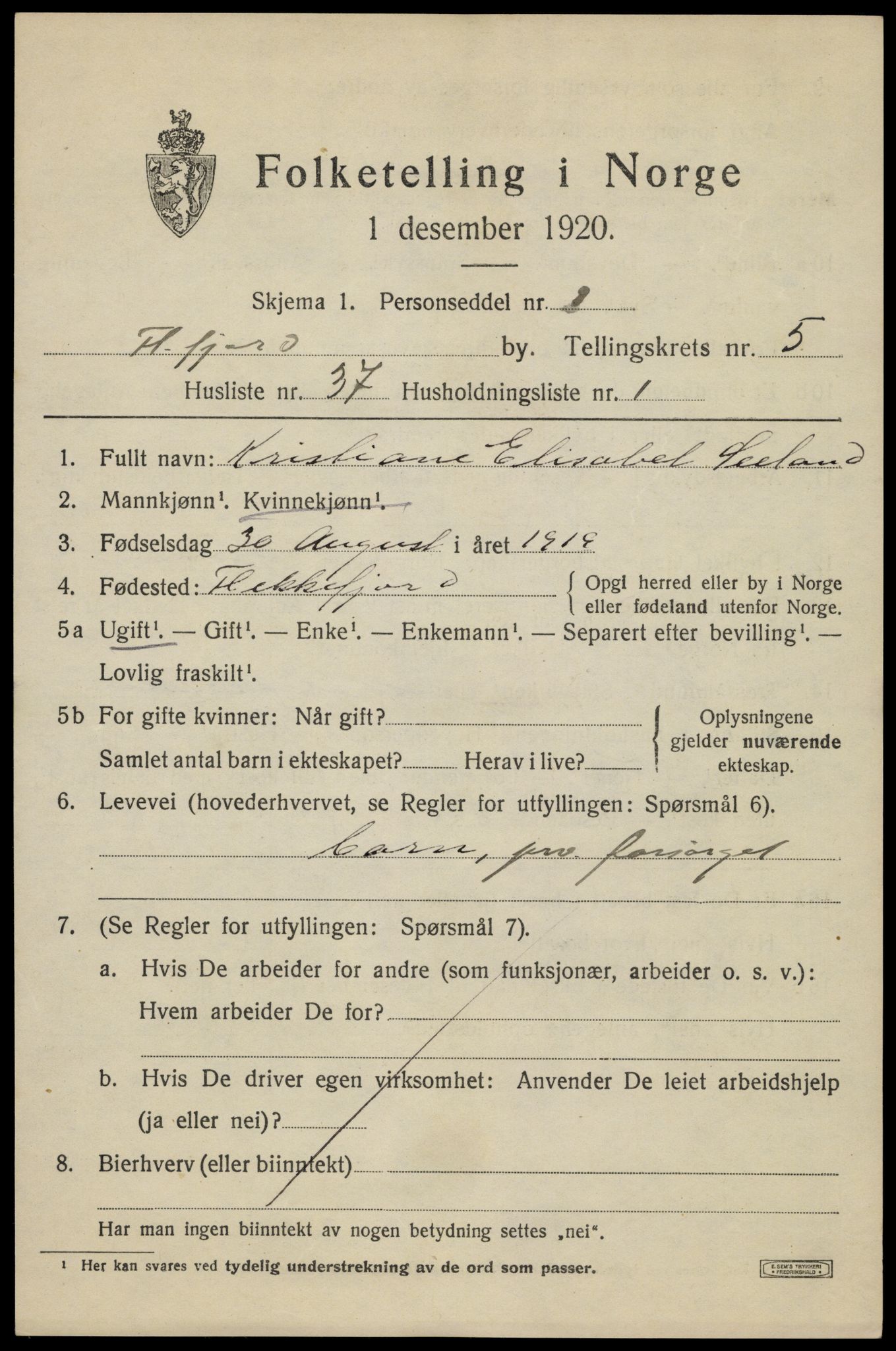 SAK, 1920 census for Flekkefjord, 1920, p. 5758