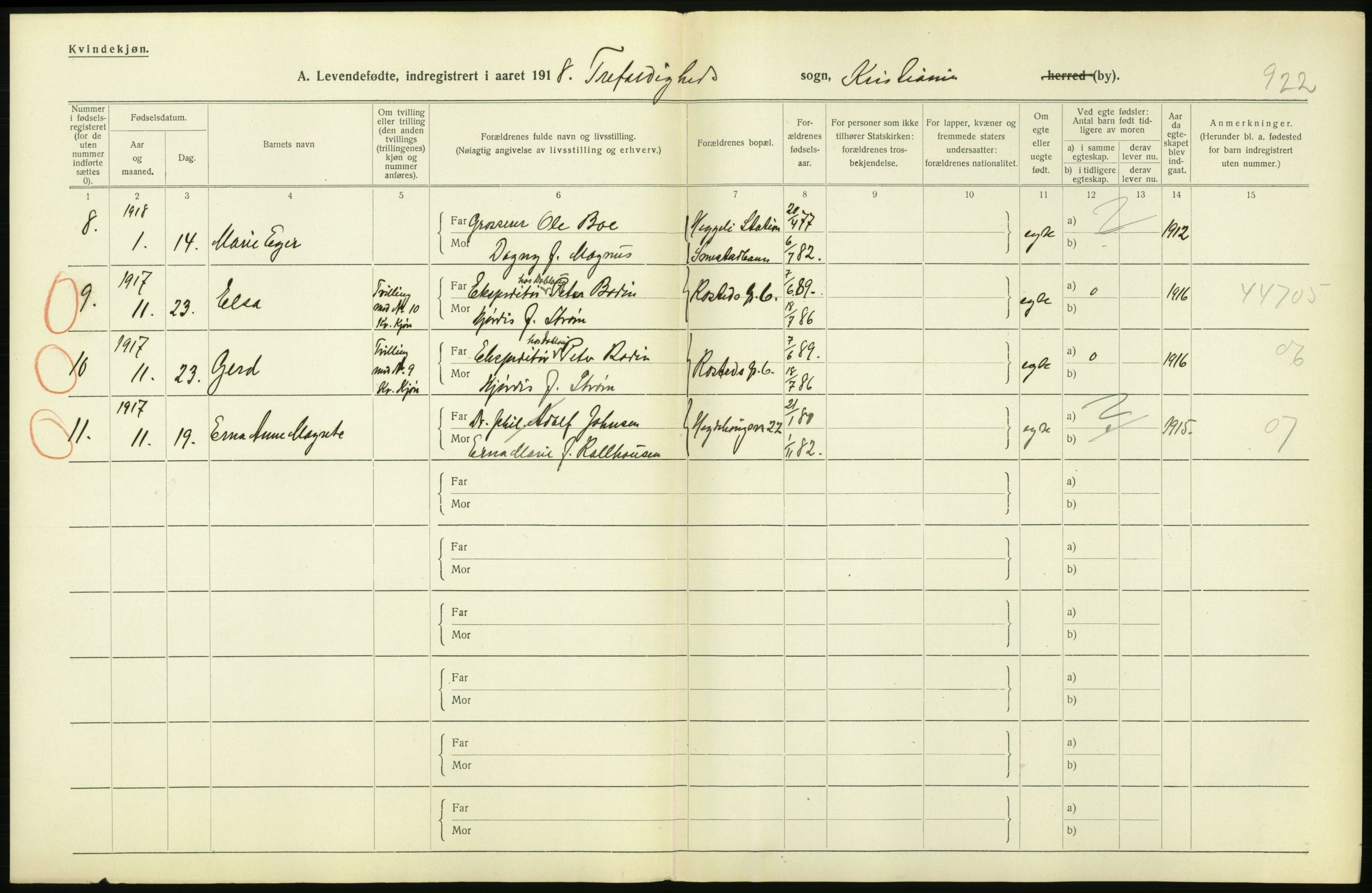 Statistisk sentralbyrå, Sosiodemografiske emner, Befolkning, AV/RA-S-2228/D/Df/Dfb/Dfbh/L0008: Kristiania: Levendefødte menn og kvinner., 1918, p. 282