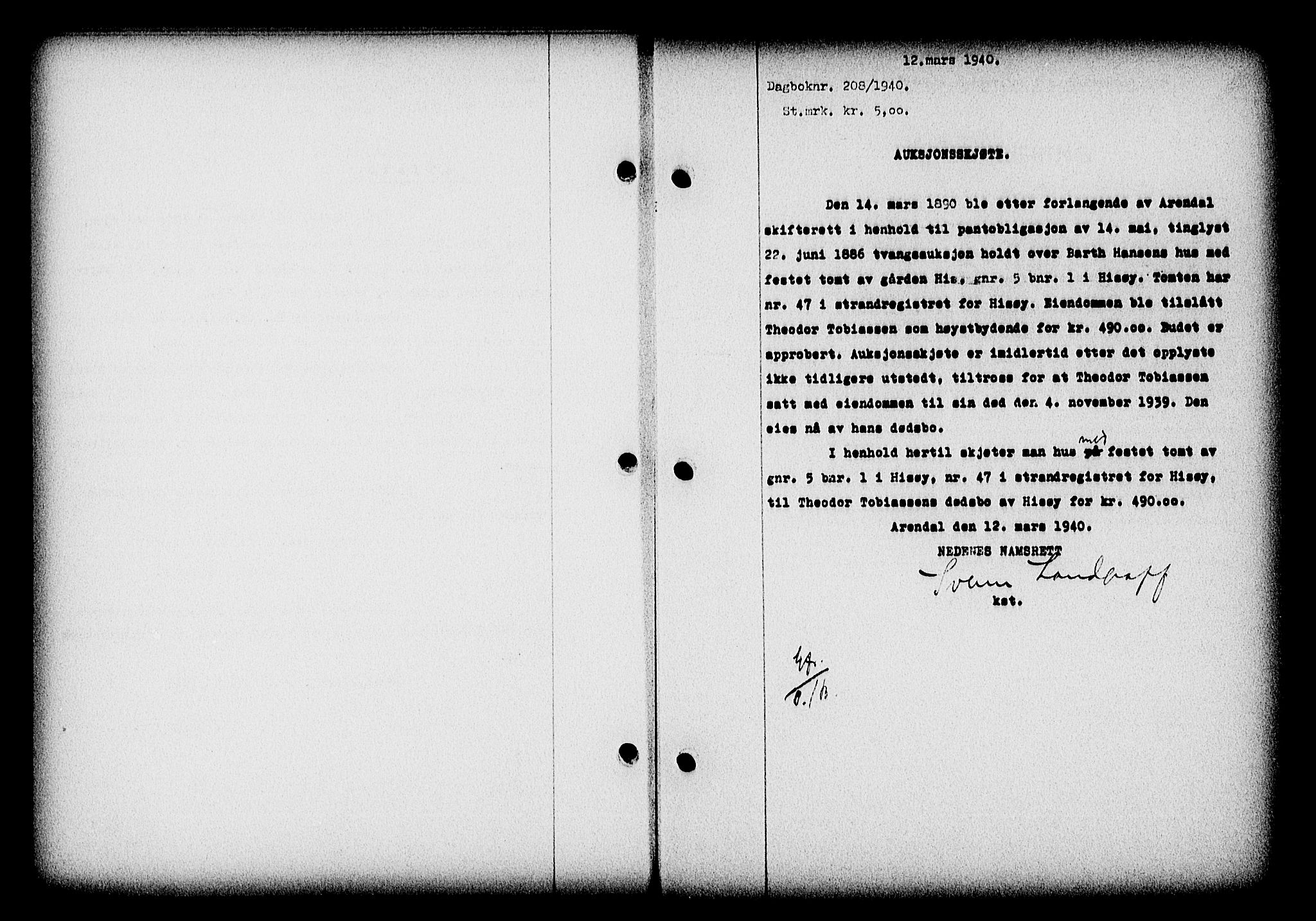 Nedenes sorenskriveri, SAK/1221-0006/G/Gb/Gba/L0047: Mortgage book no. A-I, 1939-1940, Diary no: : 208/1940