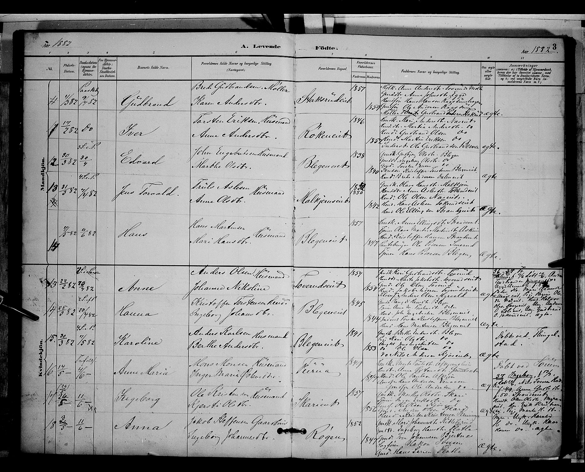 Gran prestekontor, AV/SAH-PREST-112/H/Ha/Hab/L0003: Parish register (copy) no. 3, 1882-1890, p. 3