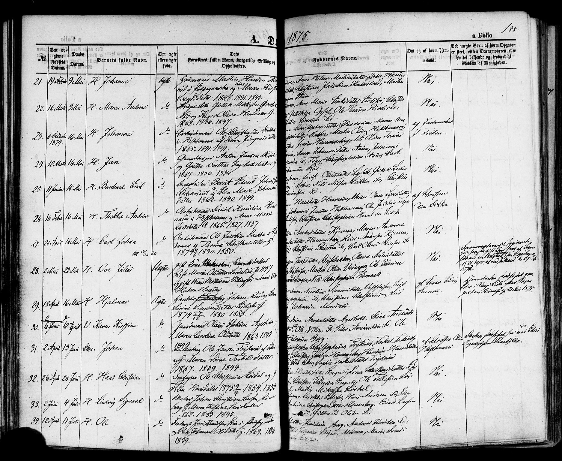 Hof kirkebøker, SAKO/A-64/F/Fa/L0006: Parish register (official) no. I 6, 1851-1877, p. 188