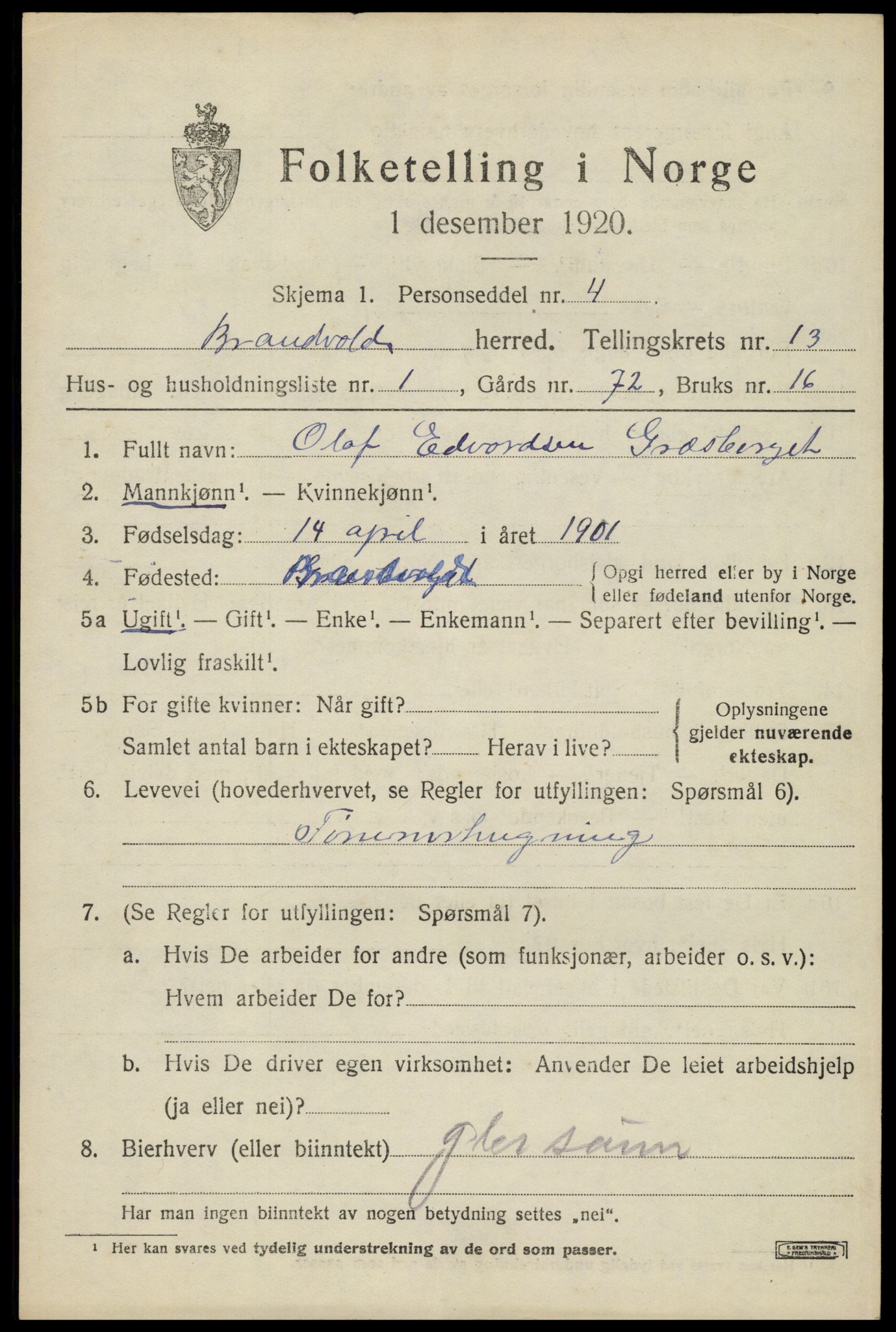 SAH, 1920 census for Brandval, 1920, p. 9144