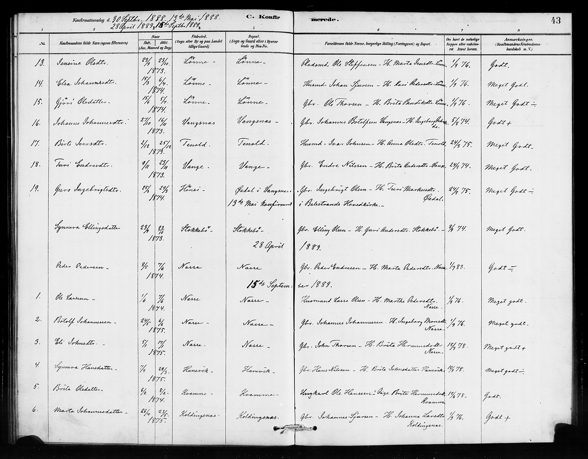 Vik sokneprestembete, AV/SAB-A-81501/H/Haa/Haad/L0001: Parish register (official) no. D 1, 1878-1890, p. 43