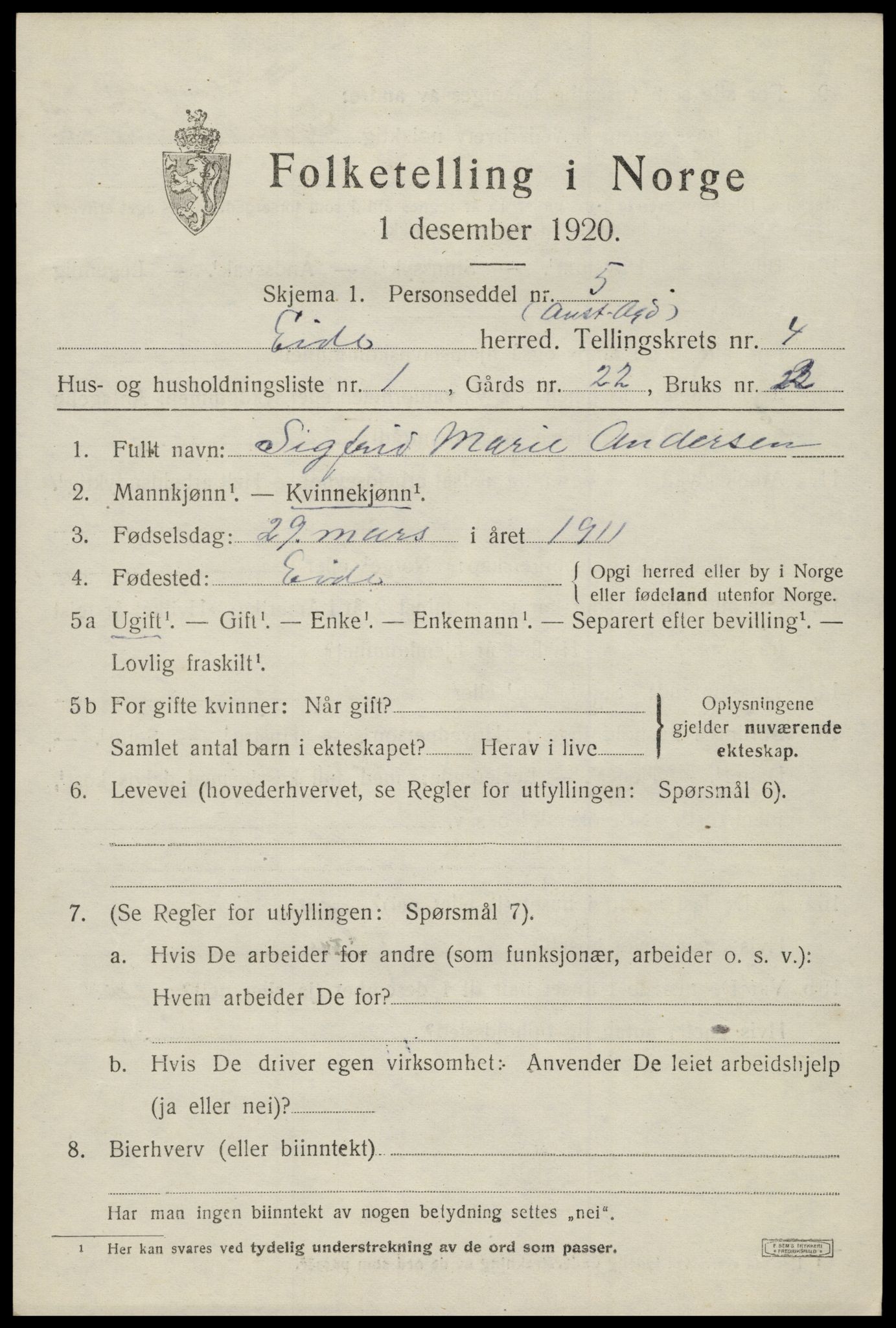 SAK, 1920 census for Eide, 1920, p. 1160