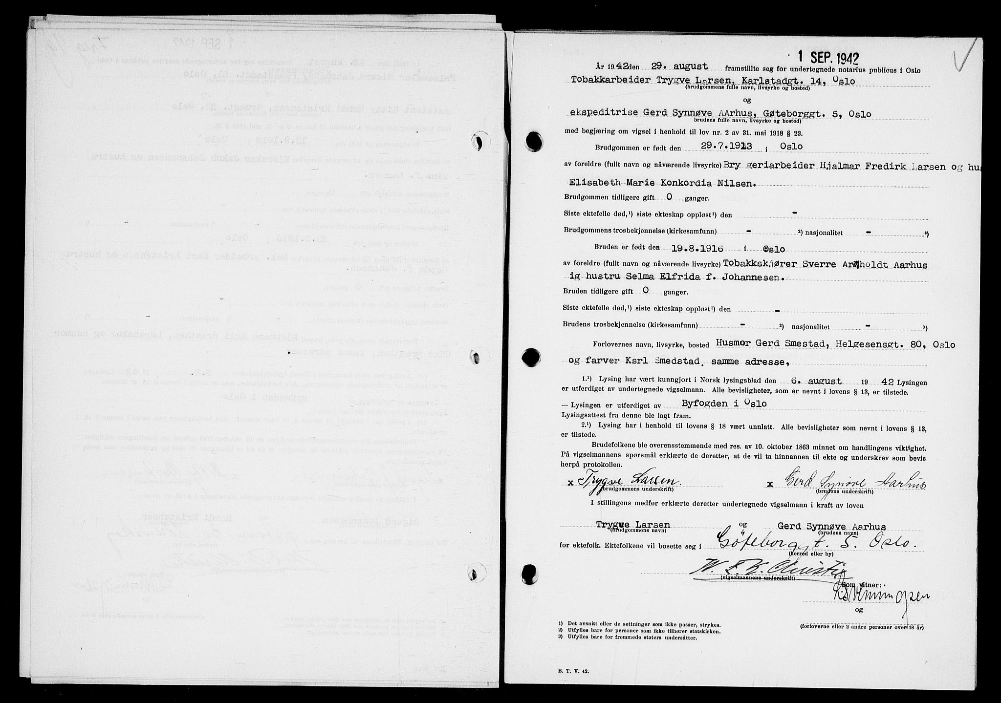 Oslo byfogd avd. I, AV/SAO-A-10220/L/Lb/Lbb/L0041: Notarialprotokoll, rekke II: Vigsler, 1942