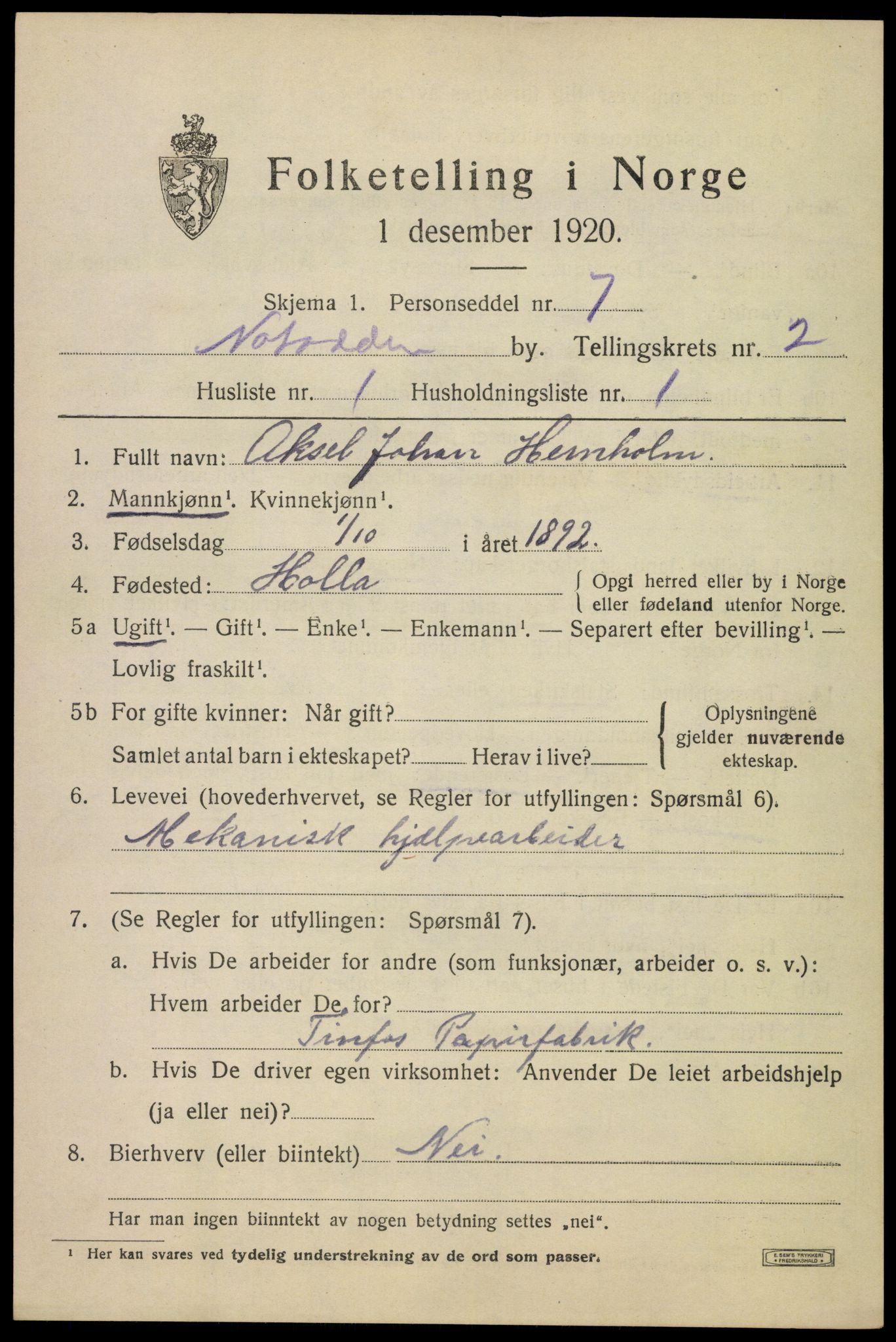 SAKO, 1920 census for Notodden, 1920, p. 6578