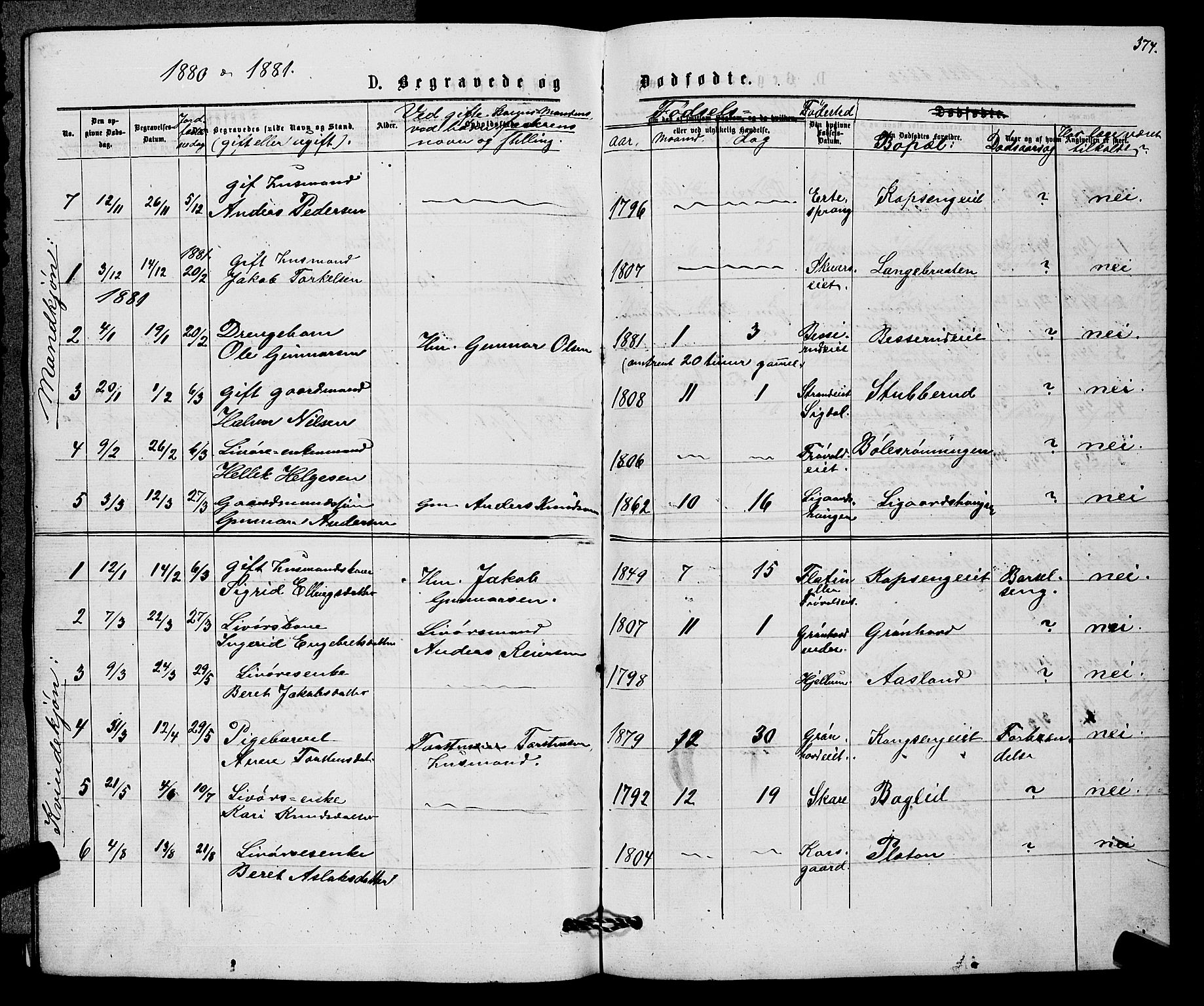 Sigdal kirkebøker, AV/SAKO-A-245/G/Gb/L0002: Parish register (copy) no. II 2, 1875-1900, p. 374