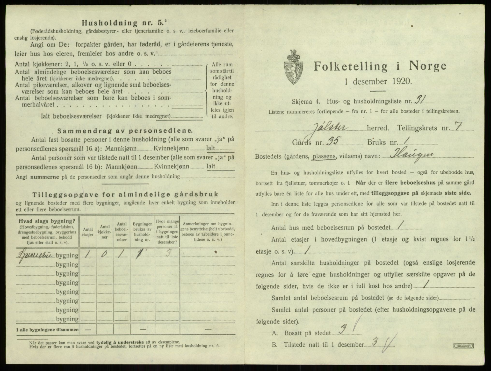 SAB, 1920 census for Jølster, 1920, p. 501