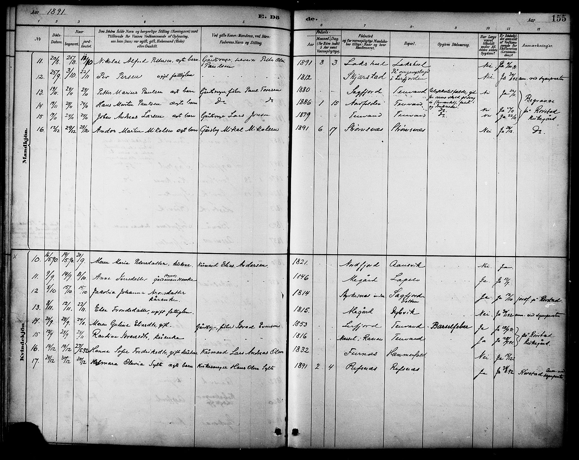 Ministerialprotokoller, klokkerbøker og fødselsregistre - Nordland, AV/SAT-A-1459/854/L0777: Parish register (official) no. 854A01 /1, 1883-1891, p. 155