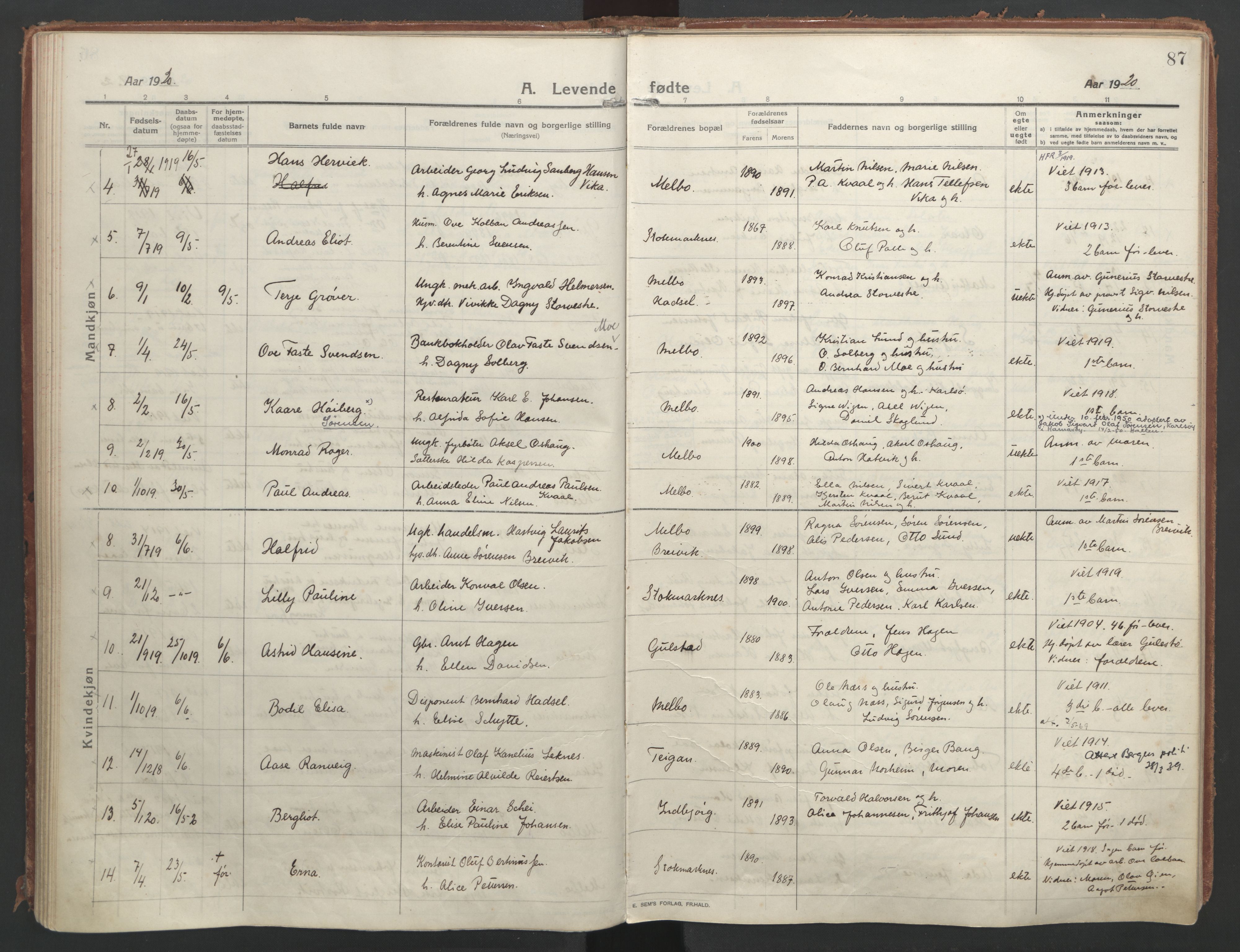 Ministerialprotokoller, klokkerbøker og fødselsregistre - Nordland, AV/SAT-A-1459/888/L1250: Parish register (official) no. 888A16, 1913-1925, p. 87