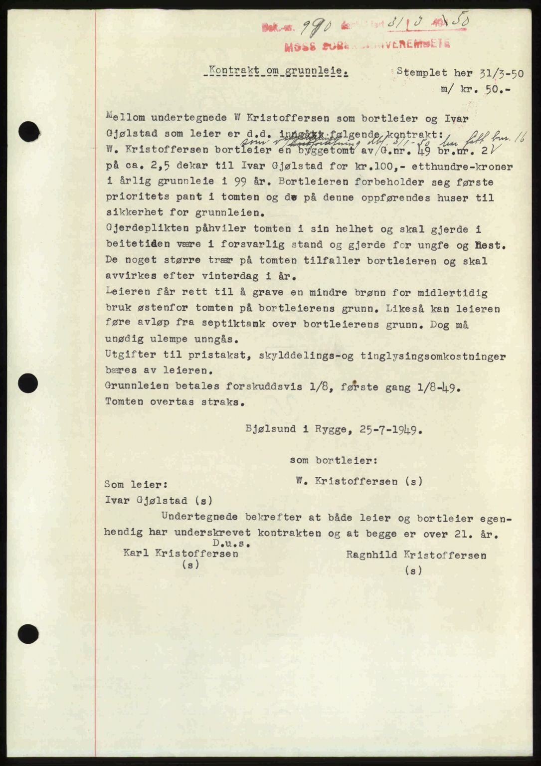 Moss sorenskriveri, SAO/A-10168: Mortgage book no. A25, 1950-1950, Diary no: : 990/1950