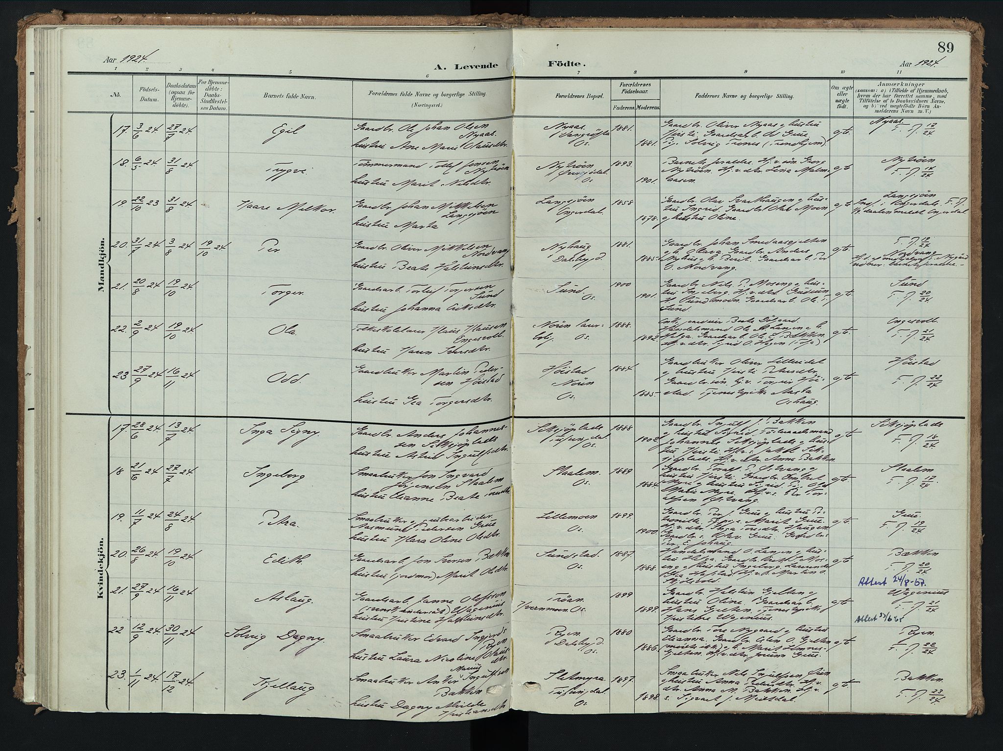 Tolga prestekontor, AV/SAH-PREST-062/K/L0009: Parish register (official) no. 9, 1903-1928, p. 89