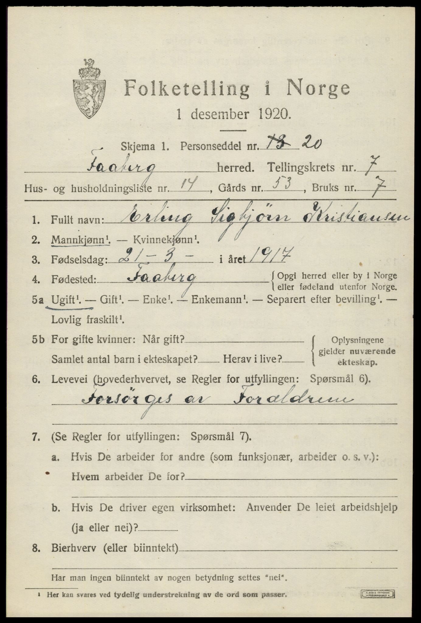 SAH, 1920 census for Fåberg, 1920, p. 8014