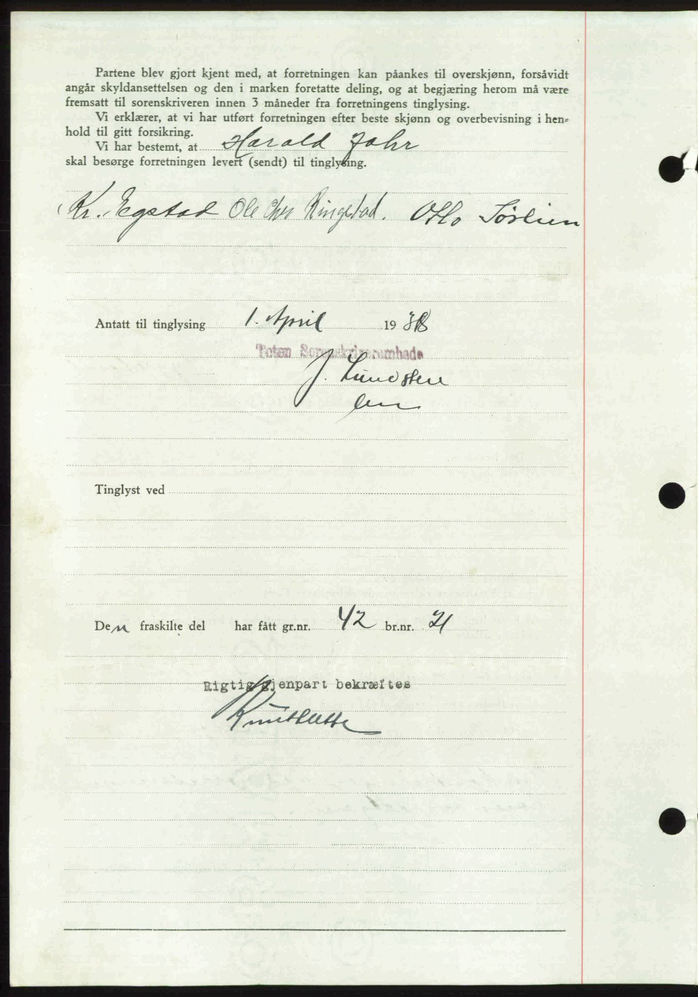 Toten tingrett, SAH/TING-006/H/Hb/Hbc/L0004: Mortgage book no. Hbc-04, 1938-1938, Diary no: : 580/1938