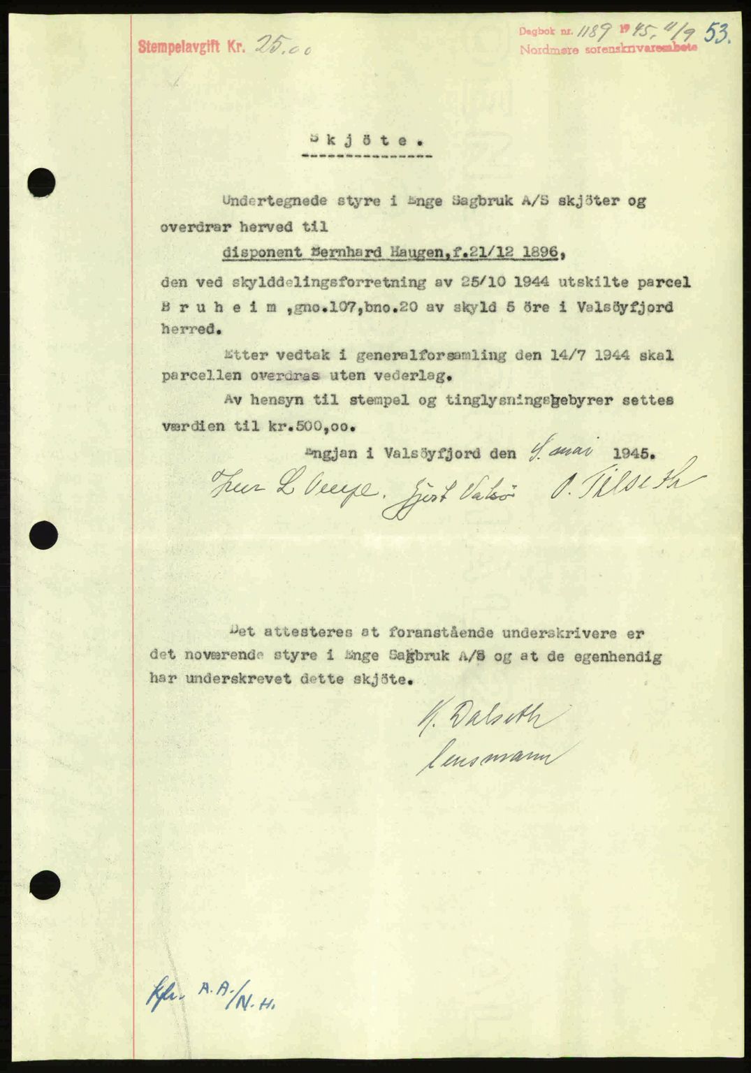 Nordmøre sorenskriveri, AV/SAT-A-4132/1/2/2Ca: Mortgage book no. A100a, 1945-1945, Diary no: : 1189/1945