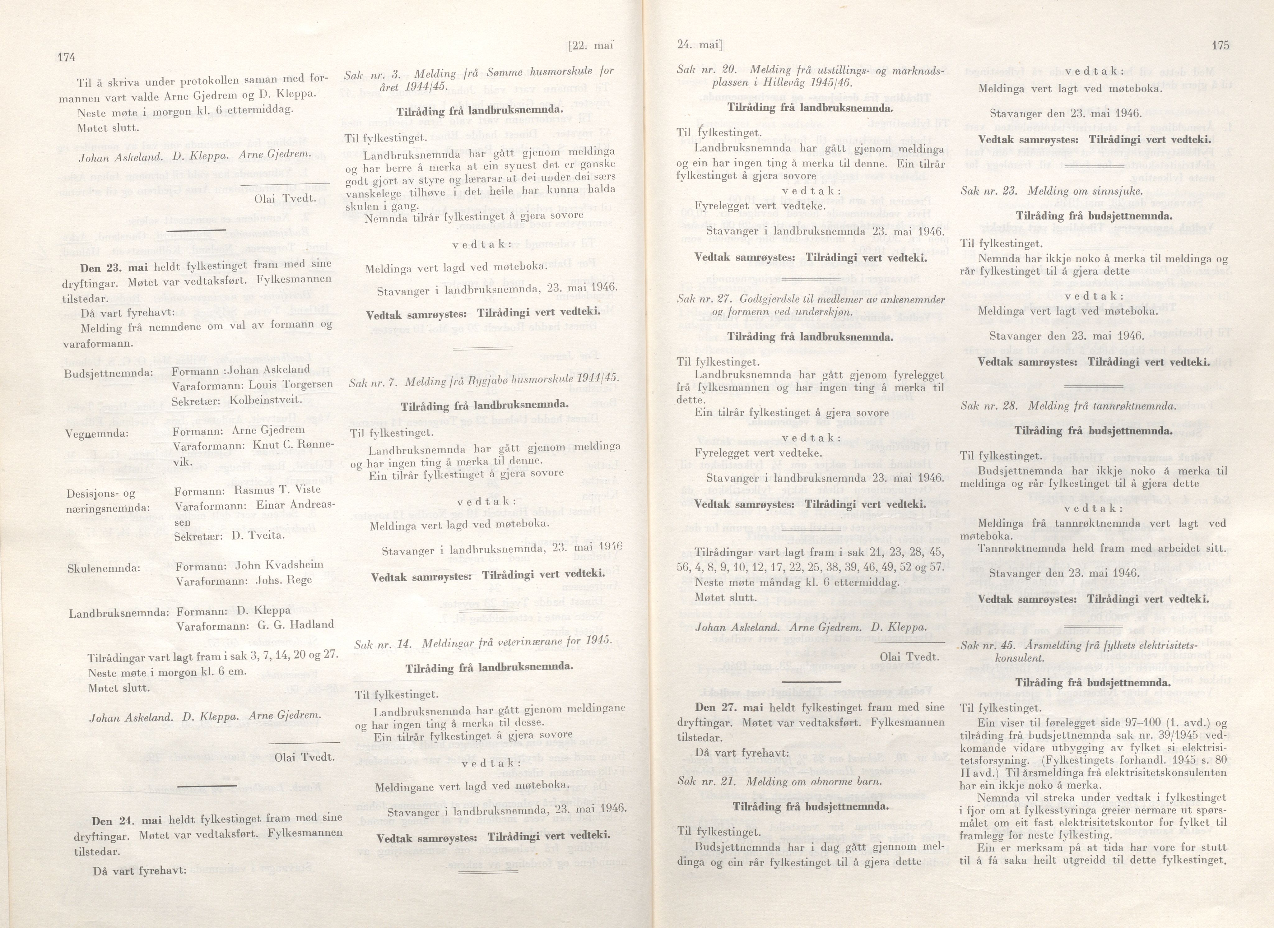 Rogaland fylkeskommune - Fylkesrådmannen , IKAR/A-900/A/Aa/Aaa/L0065: Møtebok , 1946, p. 174-175