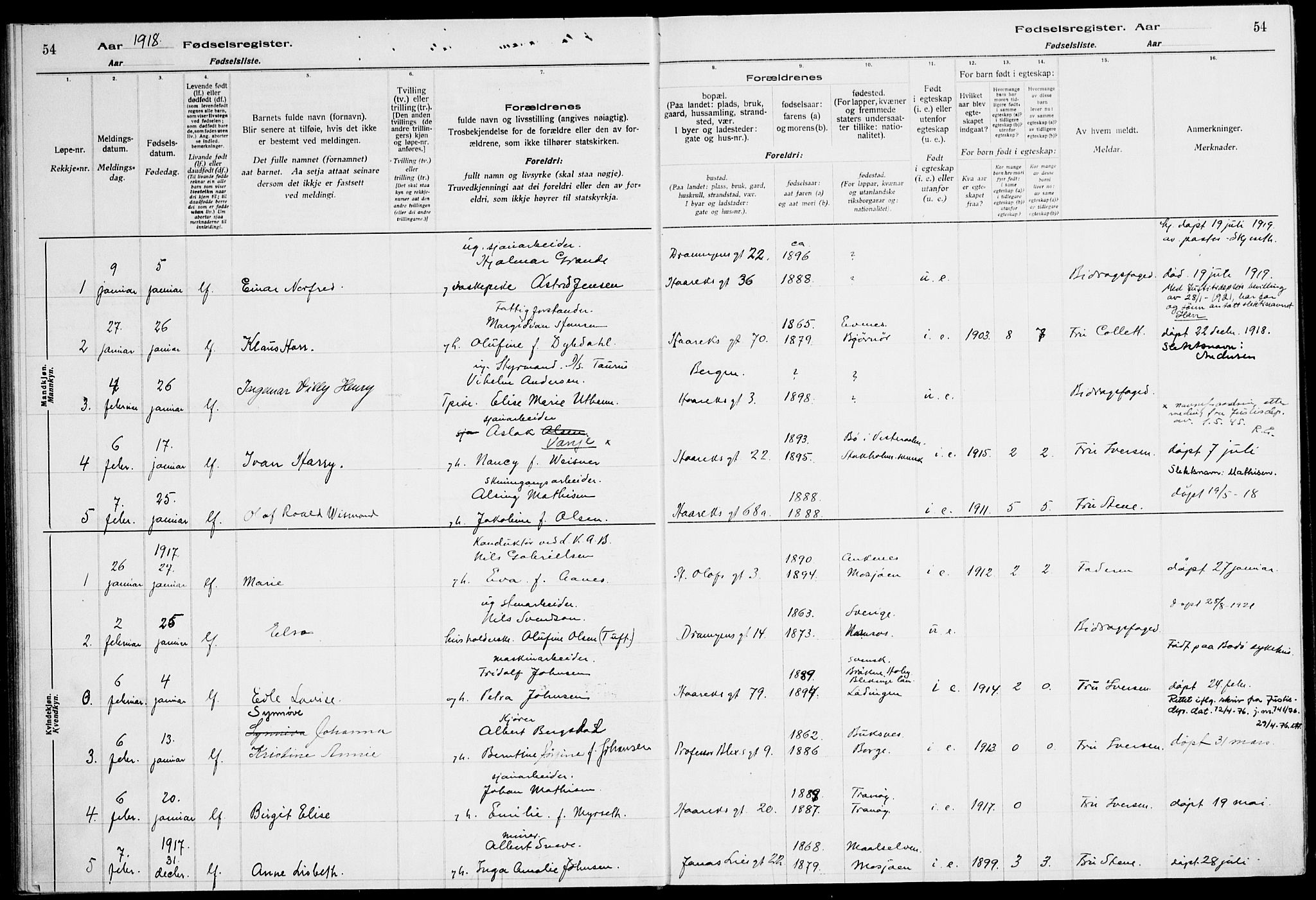 Ministerialprotokoller, klokkerbøker og fødselsregistre - Nordland, AV/SAT-A-1459/871/L1013: Birth register no. 871.II.4.1, 1916-1924, p. 54