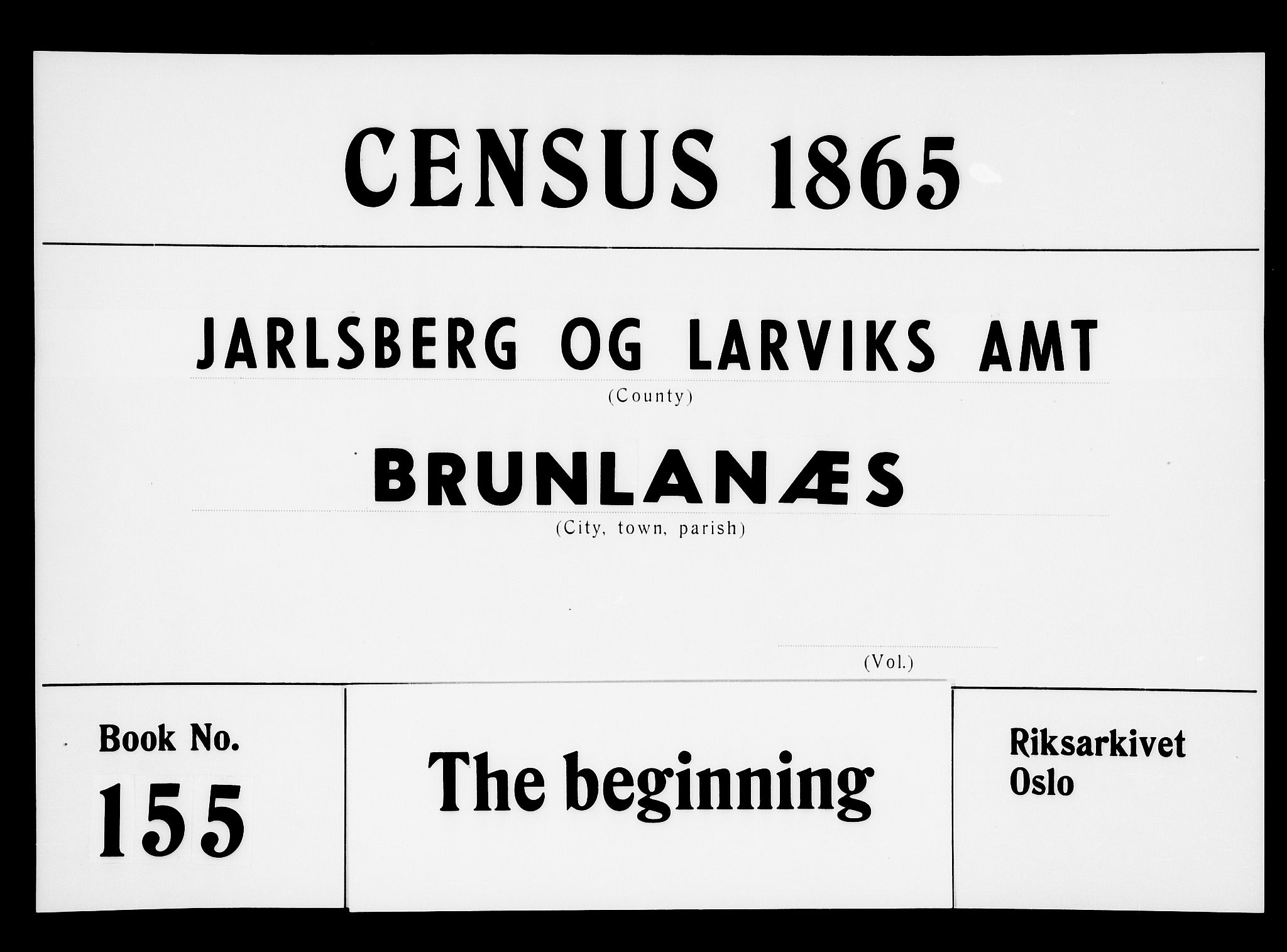 RA, 1865 census for Brunlanes, 1865, p. 1