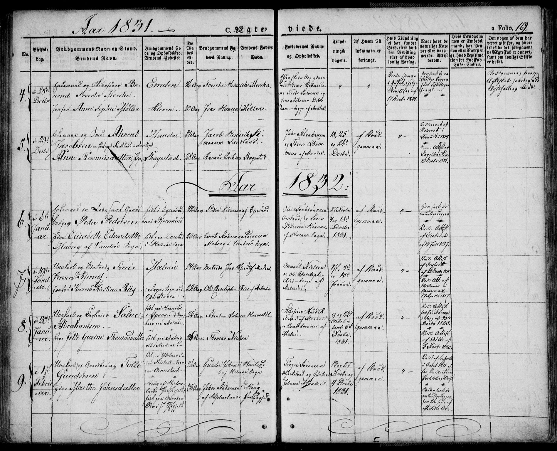Mandal sokneprestkontor, SAK/1111-0030/F/Fa/Faa/L0011: Parish register (official) no. A 11, 1830-1839, p. 169