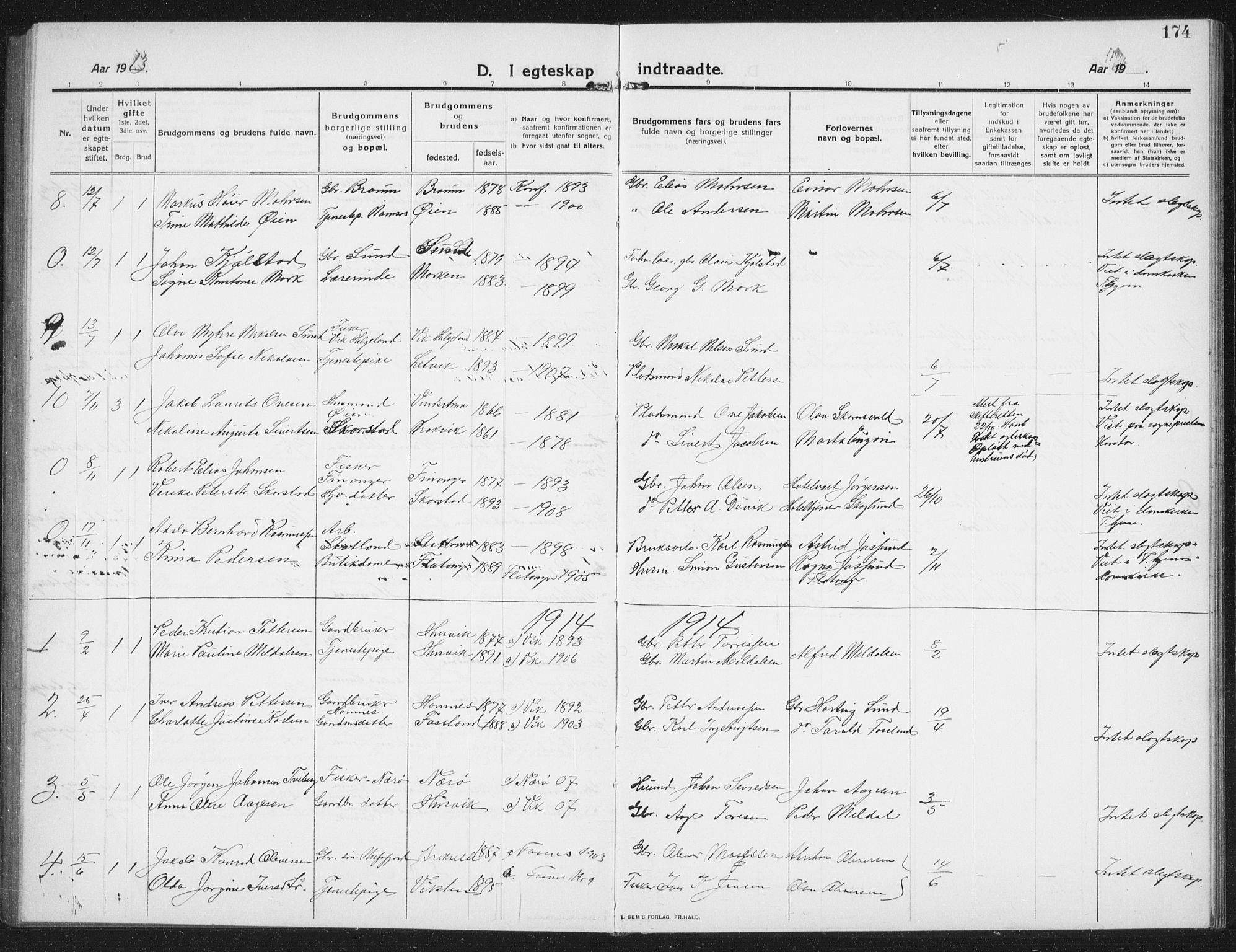 Ministerialprotokoller, klokkerbøker og fødselsregistre - Nord-Trøndelag, AV/SAT-A-1458/774/L0630: Parish register (copy) no. 774C01, 1910-1934, p. 174