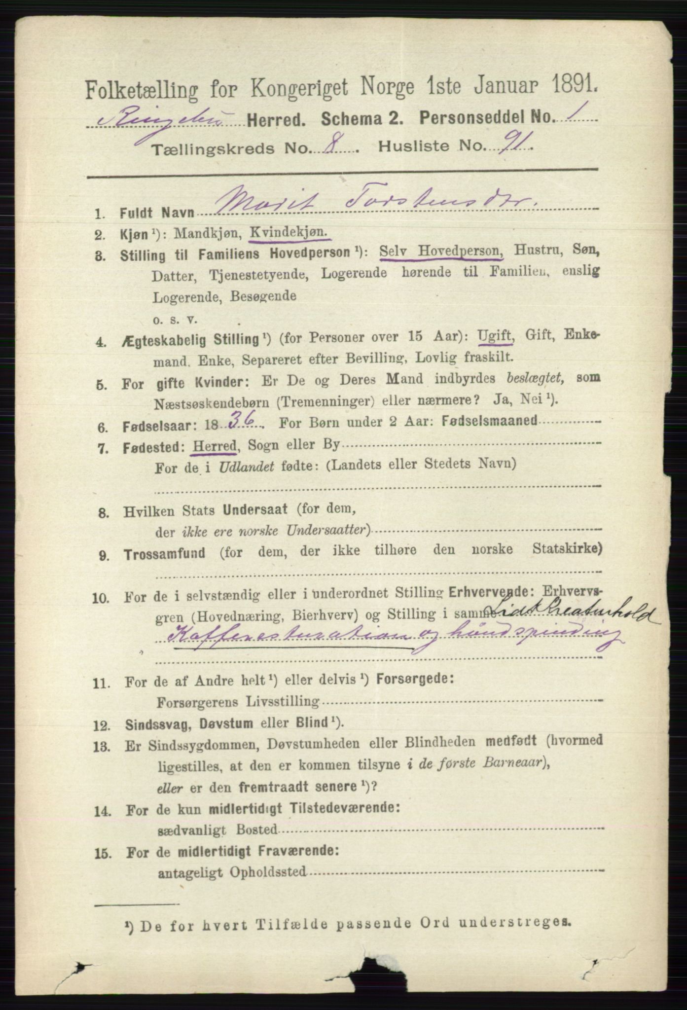 RA, 1891 census for 0520 Ringebu, 1891, p. 4157