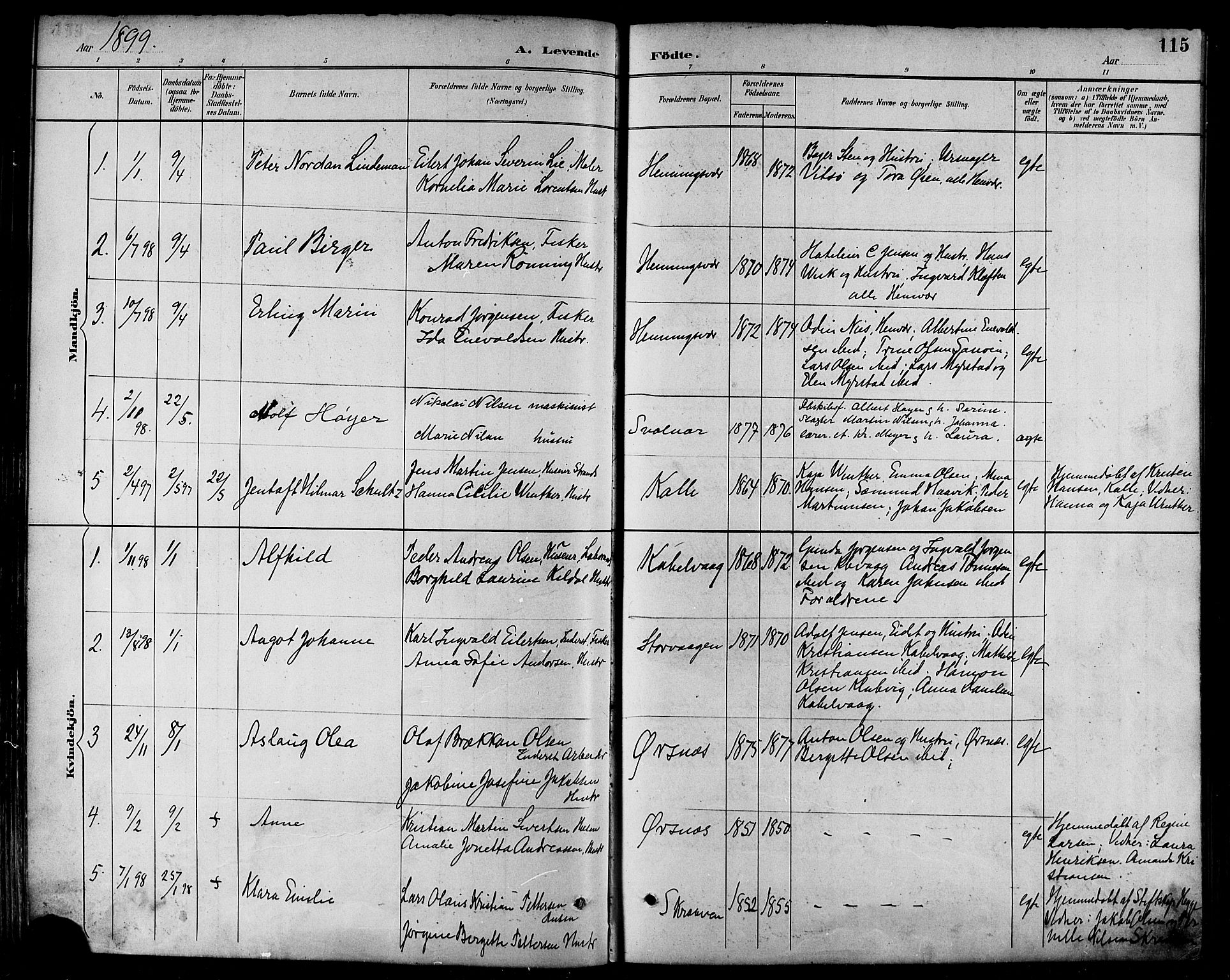 Ministerialprotokoller, klokkerbøker og fødselsregistre - Nordland, AV/SAT-A-1459/874/L1060: Parish register (official) no. 874A04, 1890-1899, p. 115