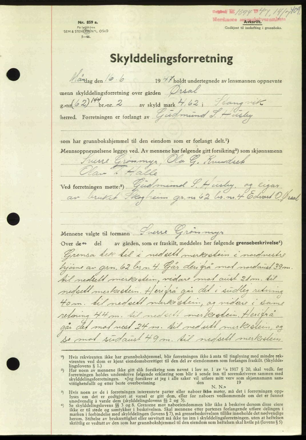 Nordmøre sorenskriveri, AV/SAT-A-4132/1/2/2Ca: Mortgage book no. A105, 1947-1947, Diary no: : 1594/1947