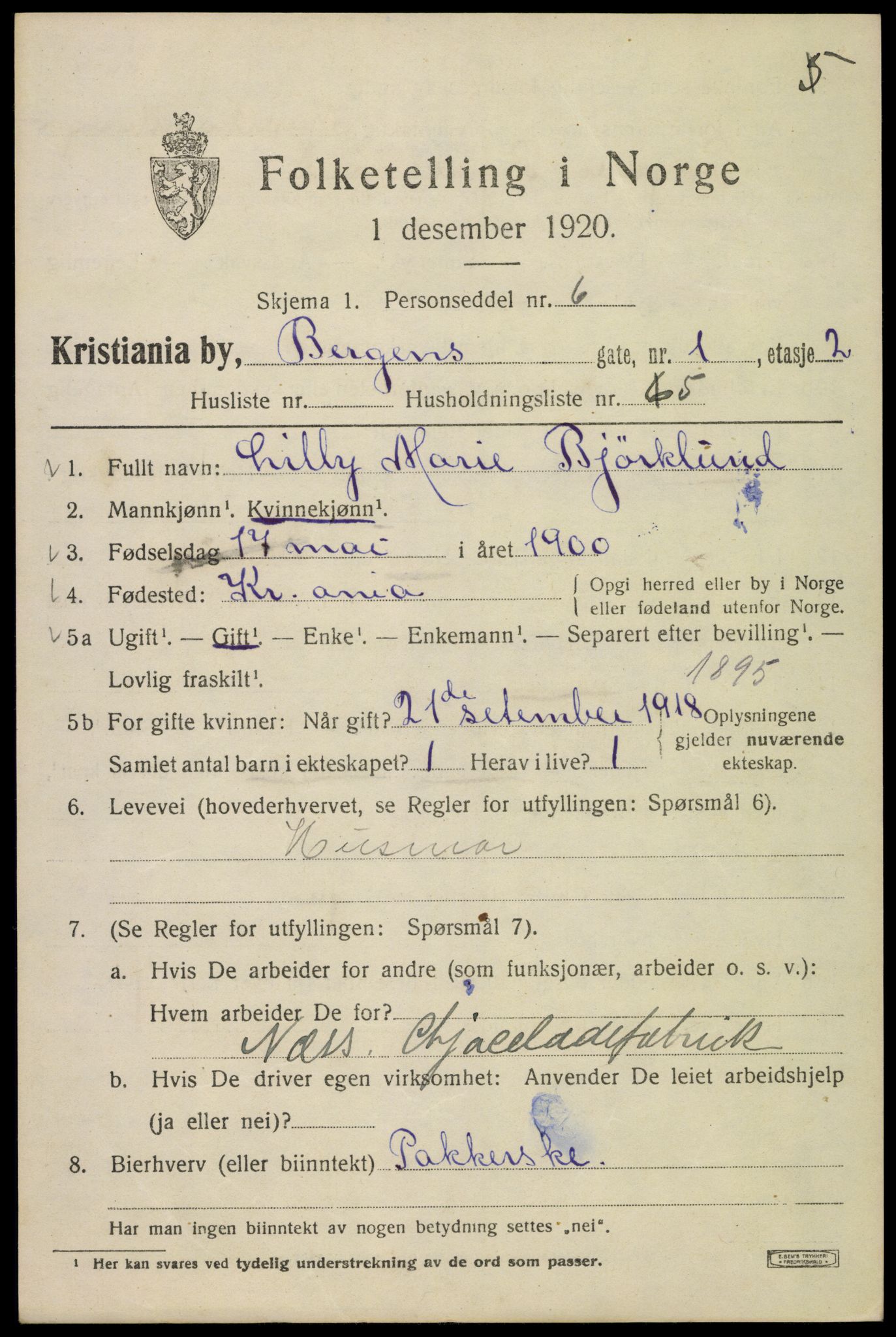 SAO, 1920 census for Kristiania, 1920, p. 152057