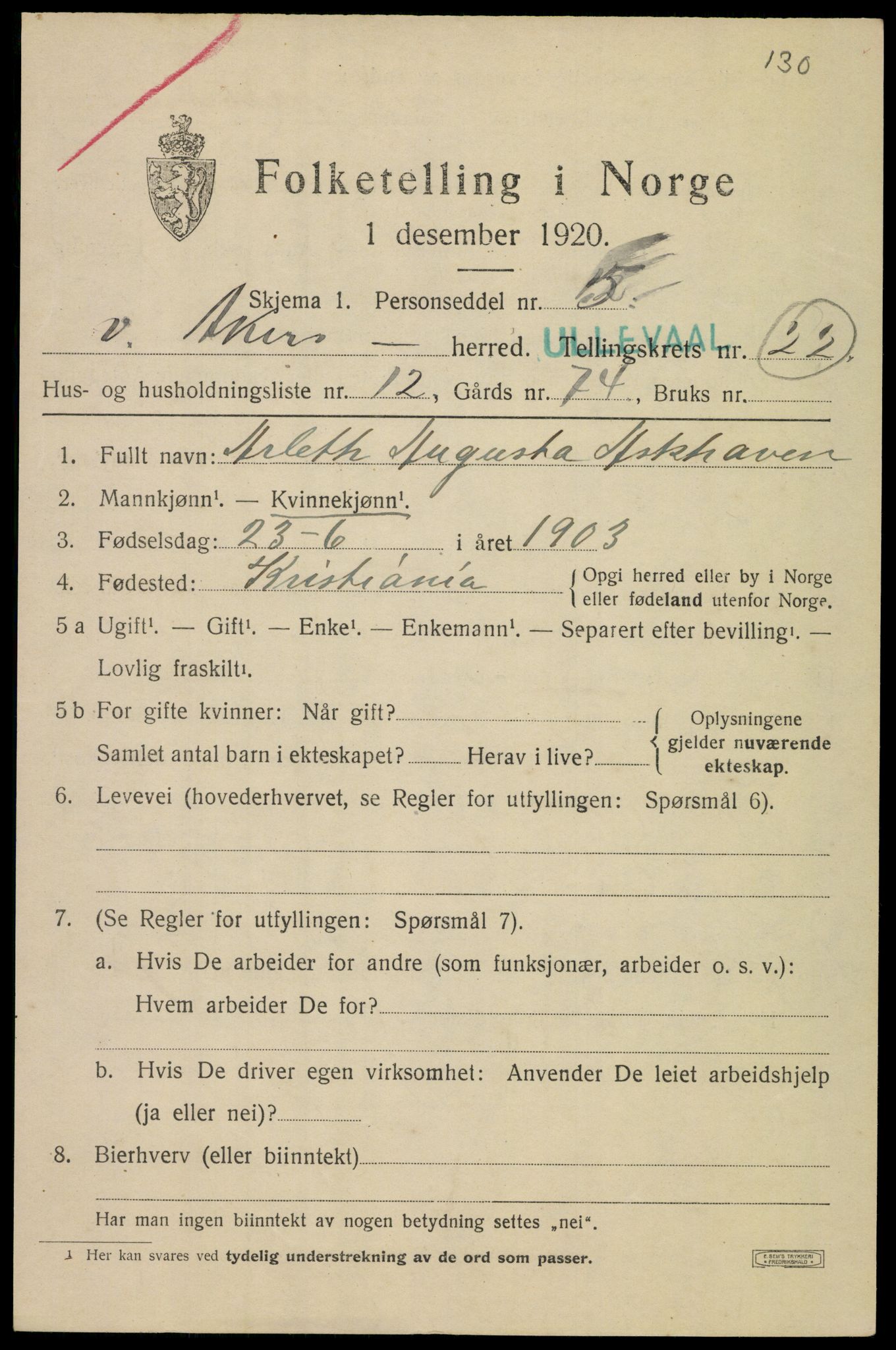 SAO, 1920 census for Aker, 1920, p. 125926