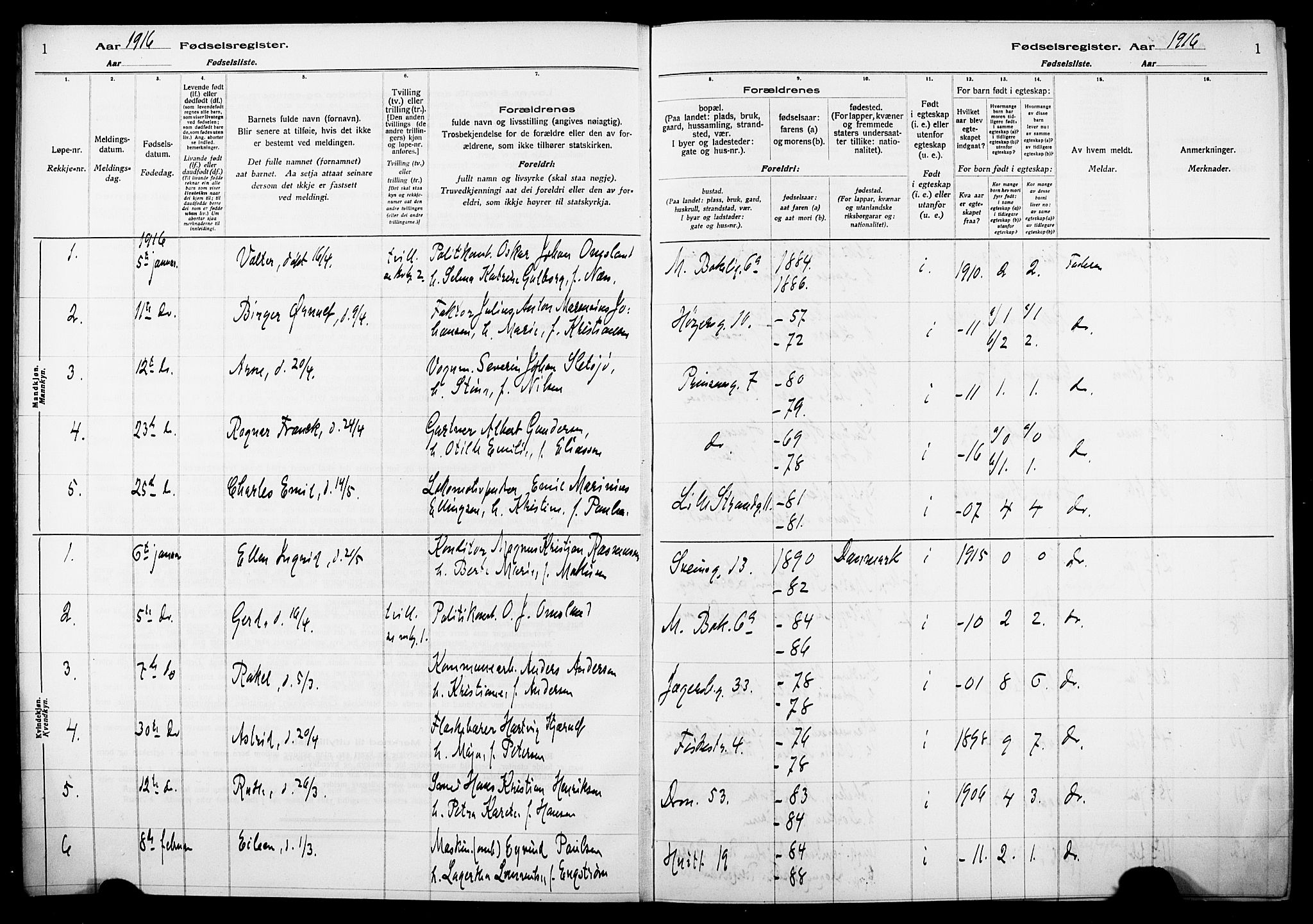 Larvik kirkebøker, SAKO/A-352/J/Ja/L0001: Birth register no. I 1, 1916-1926, p. 1