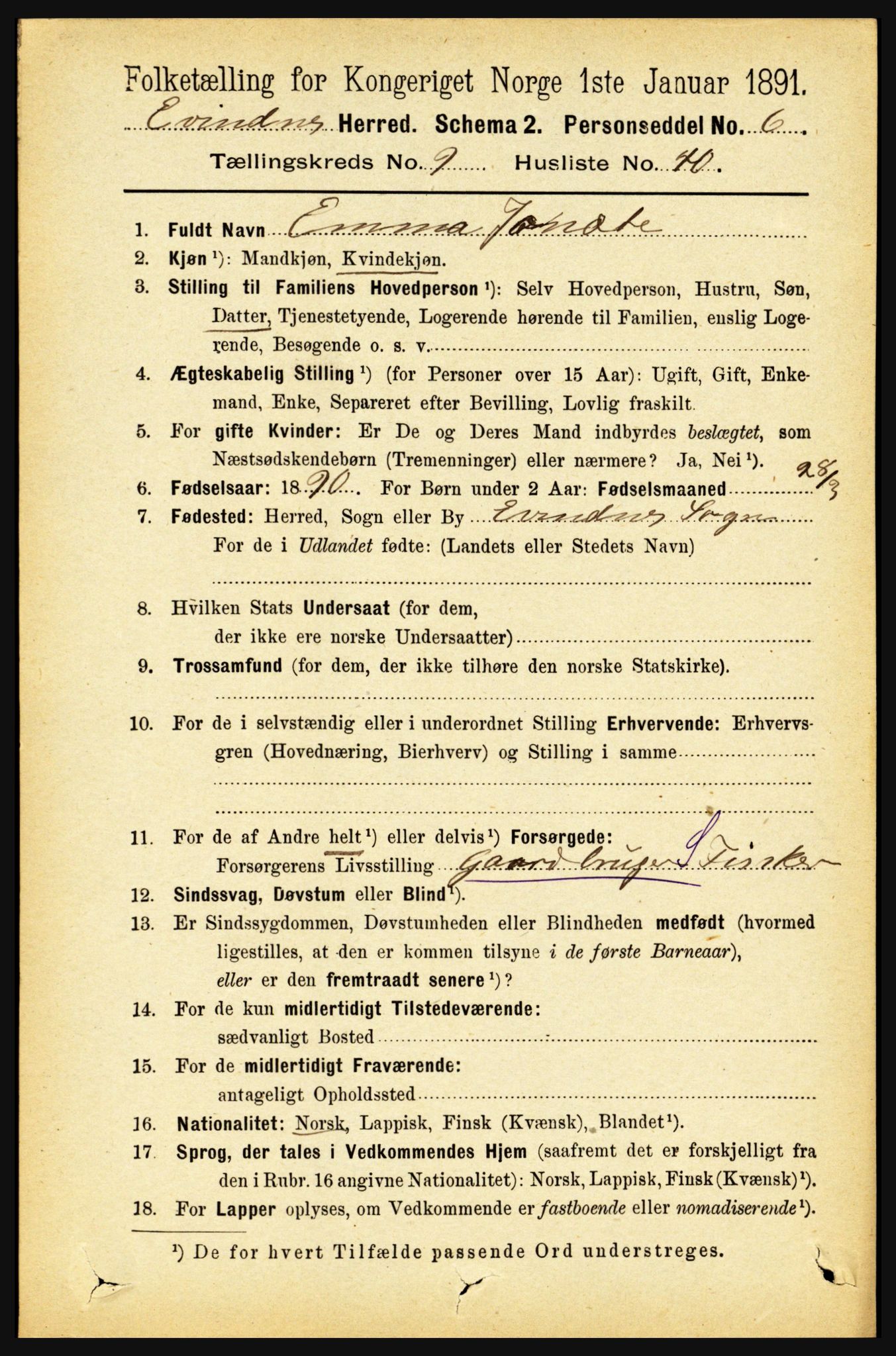 RA, 1891 census for 1853 Evenes, 1891, p. 3083