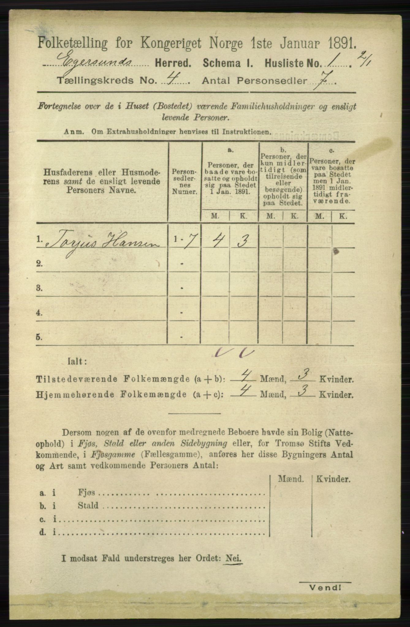 RA, 1891 census for 1116 Eigersund herred, 1891, p. 1537