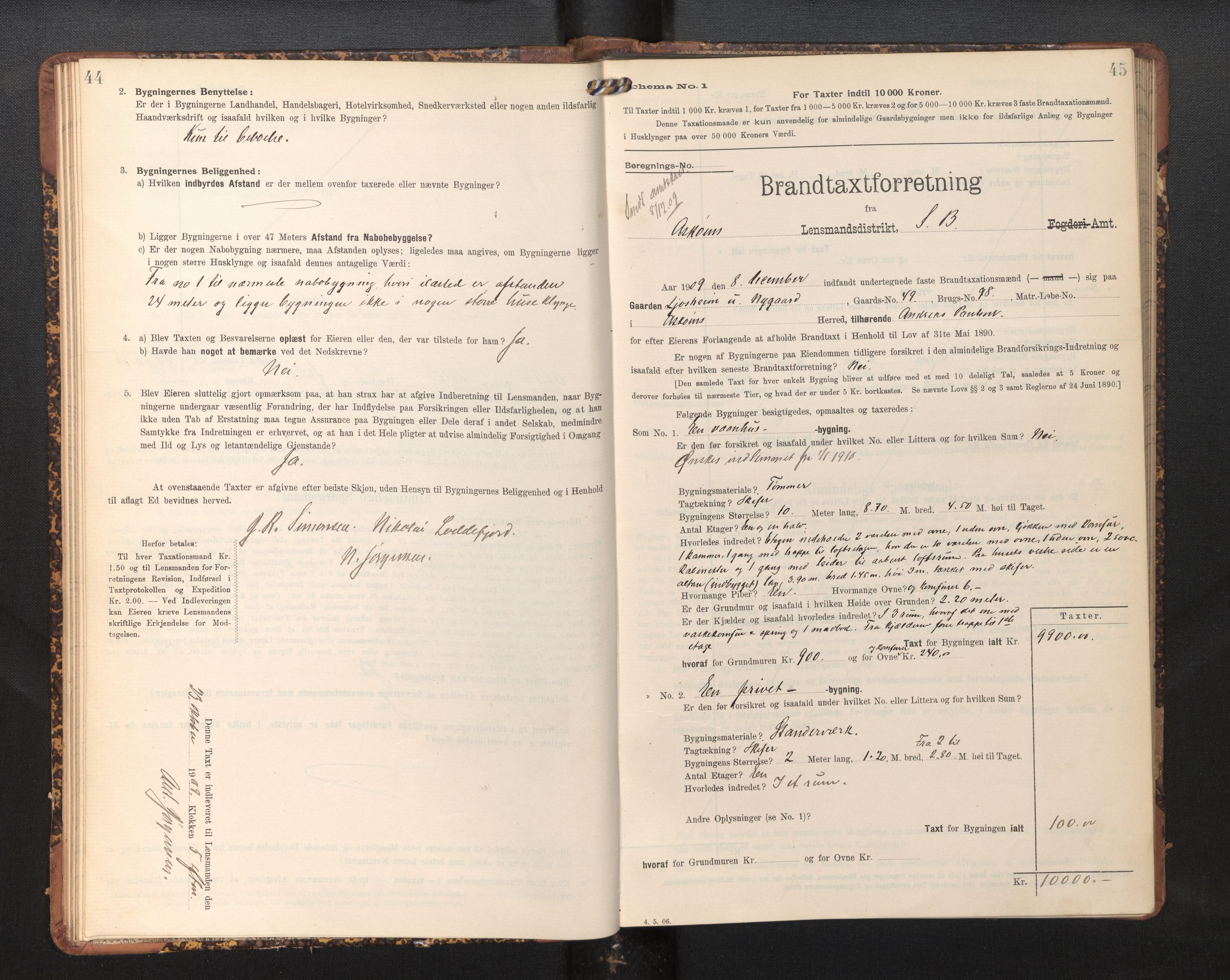 Lensmannen i Askøy, SAB/A-31001/0012/L0006: Branntakstprotokoll, skjematakst, Laksevåg, 1907-1917, p. 44-45
