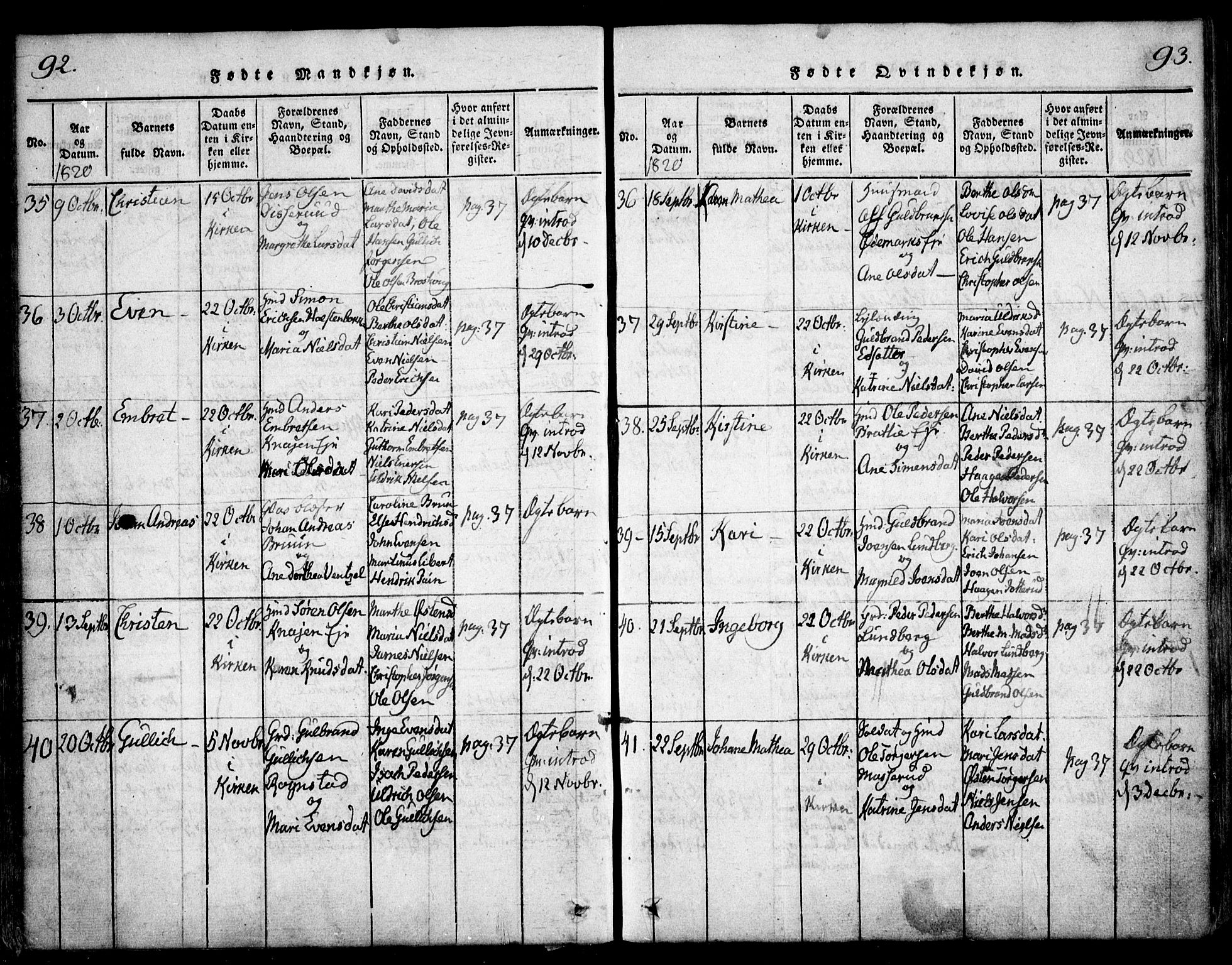 Hurdal prestekontor Kirkebøker, SAO/A-10889/F/Fa/L0003: Parish register (official) no. I 3, 1815-1828, p. 92-93