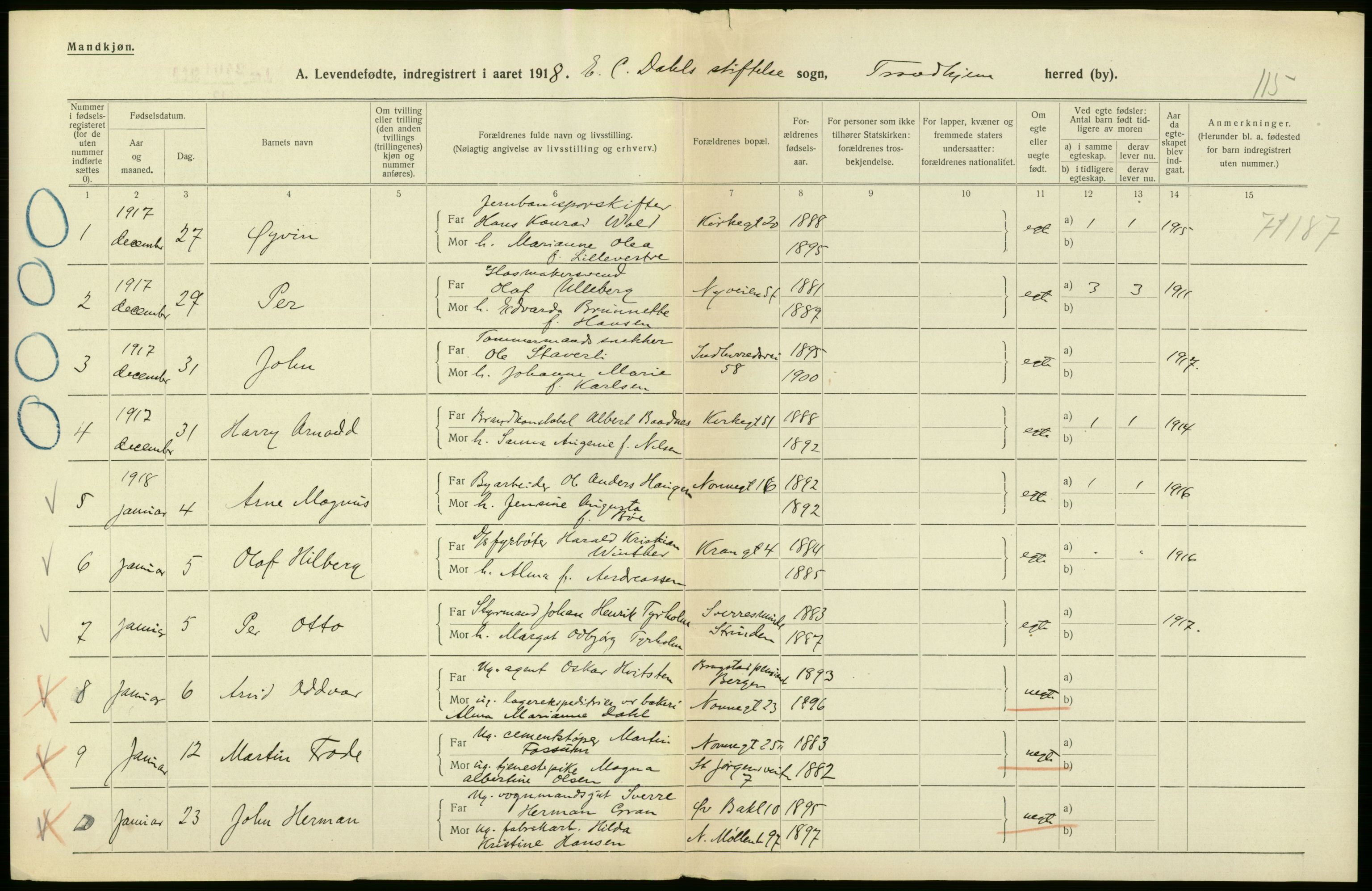 Statistisk sentralbyrå, Sosiodemografiske emner, Befolkning, RA/S-2228/D/Df/Dfb/Dfbh/L0048: Trondheim: Levendefødte menn og kvinner, gifte., 1918, p. 442