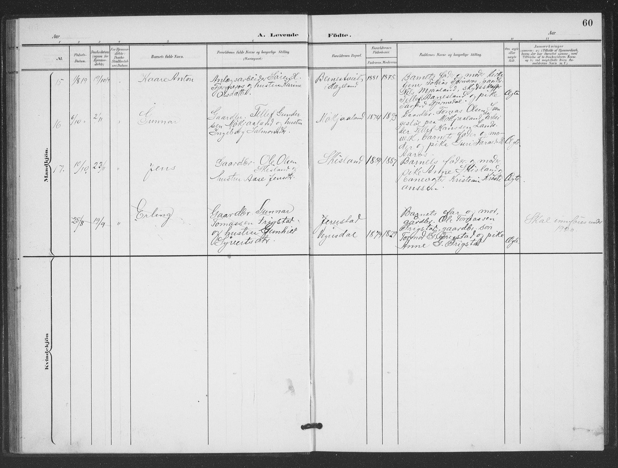 Evje sokneprestkontor, AV/SAK-1111-0008/F/Fb/Fbc/L0005: Parish register (copy) no. B 5, 1901-1935, p. 60