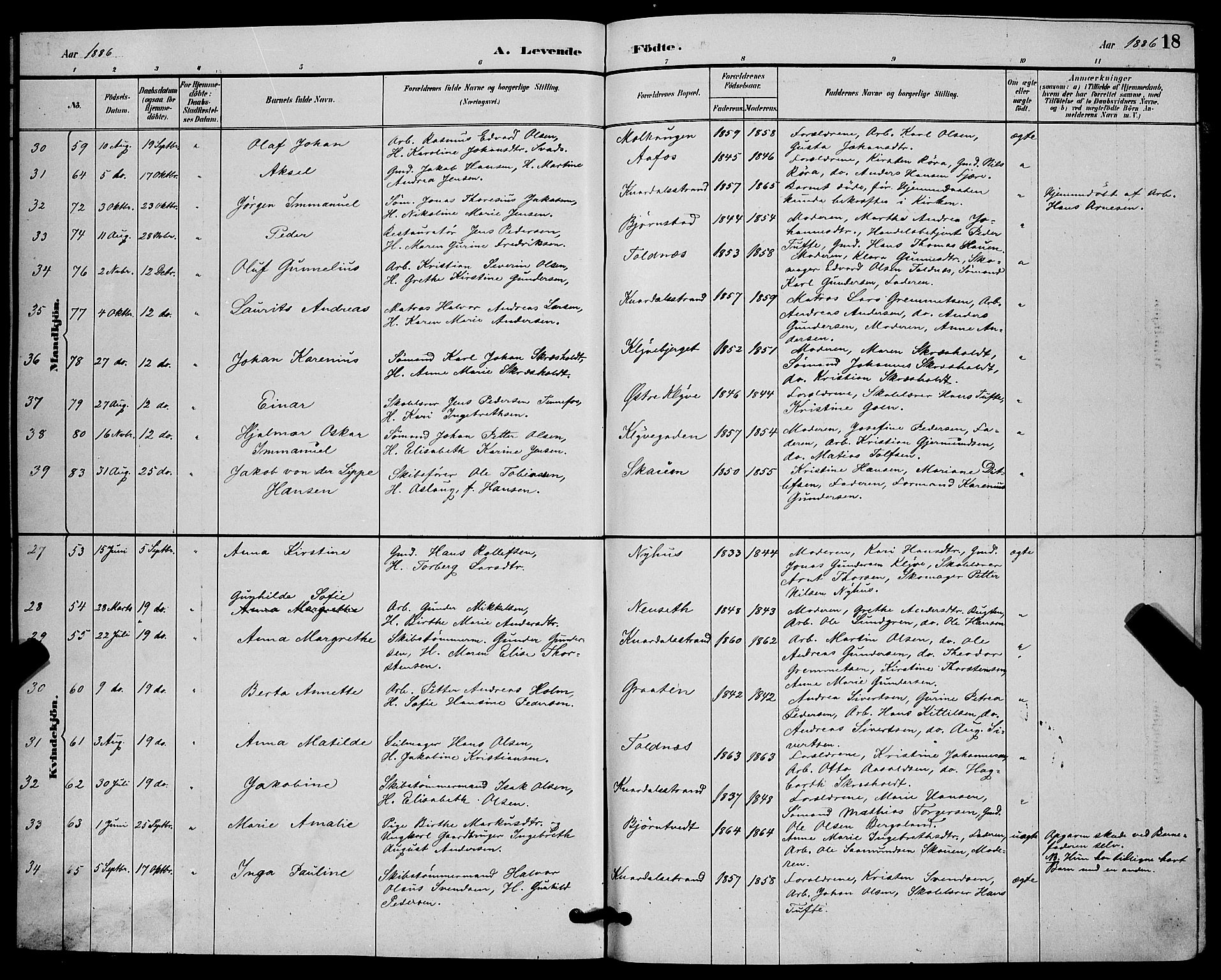 Solum kirkebøker, SAKO/A-306/G/Ga/L0007: Parish register (copy) no. I 7, 1884-1898, p. 18