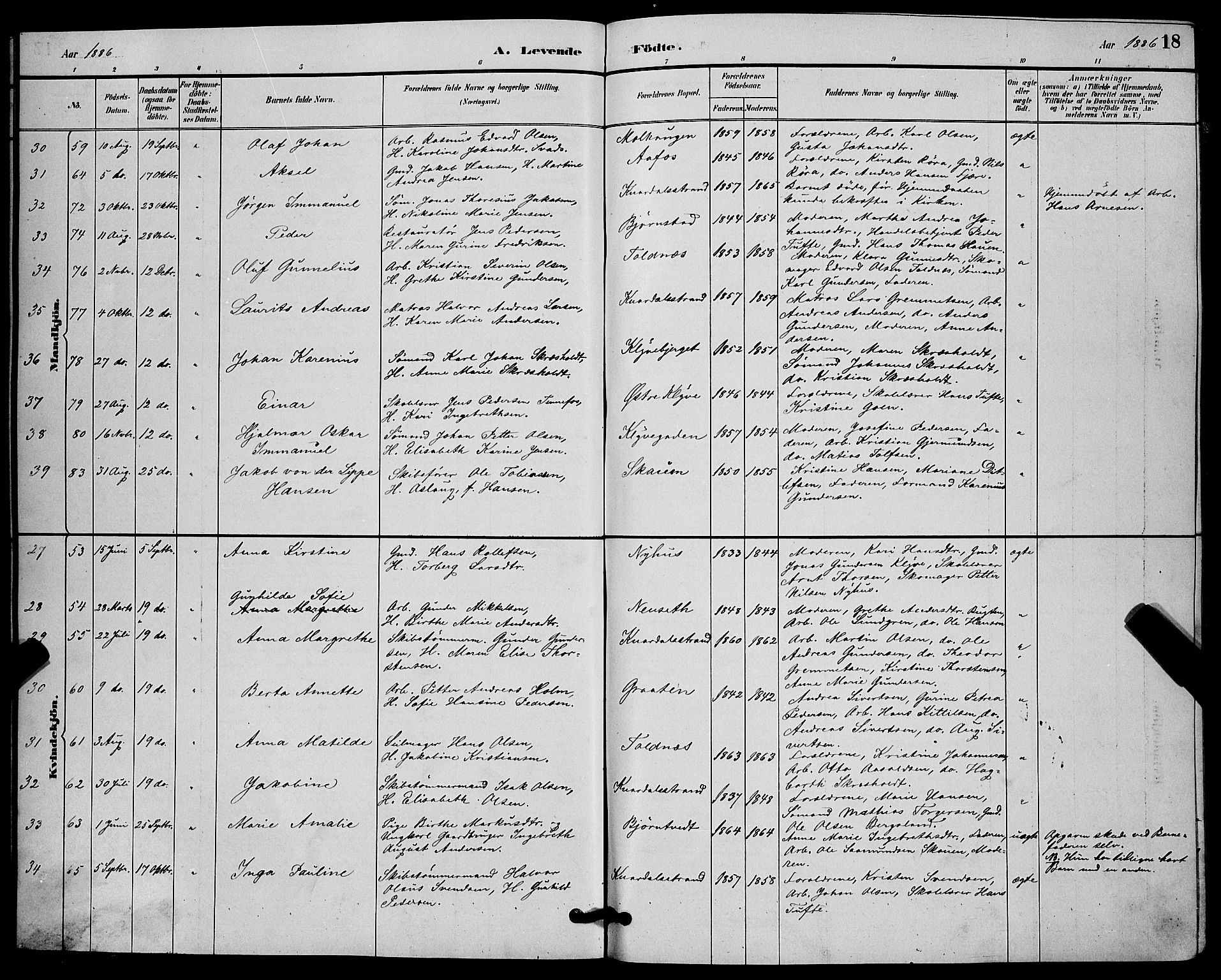 Solum kirkebøker, AV/SAKO-A-306/G/Ga/L0007: Parish register (copy) no. I 7, 1884-1898, p. 18
