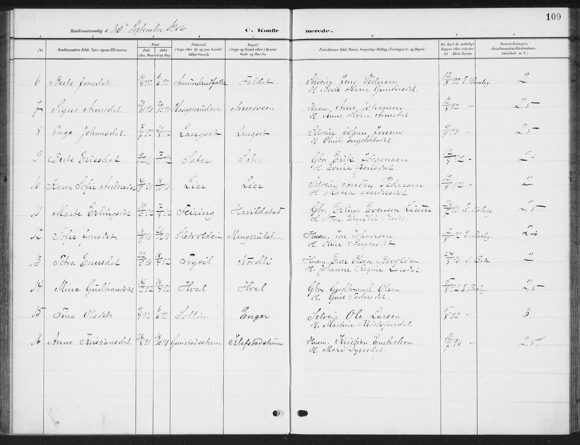 Romedal prestekontor, AV/SAH-PREST-004/K/L0009: Parish register (official) no. 9, 1906-1929, p. 109