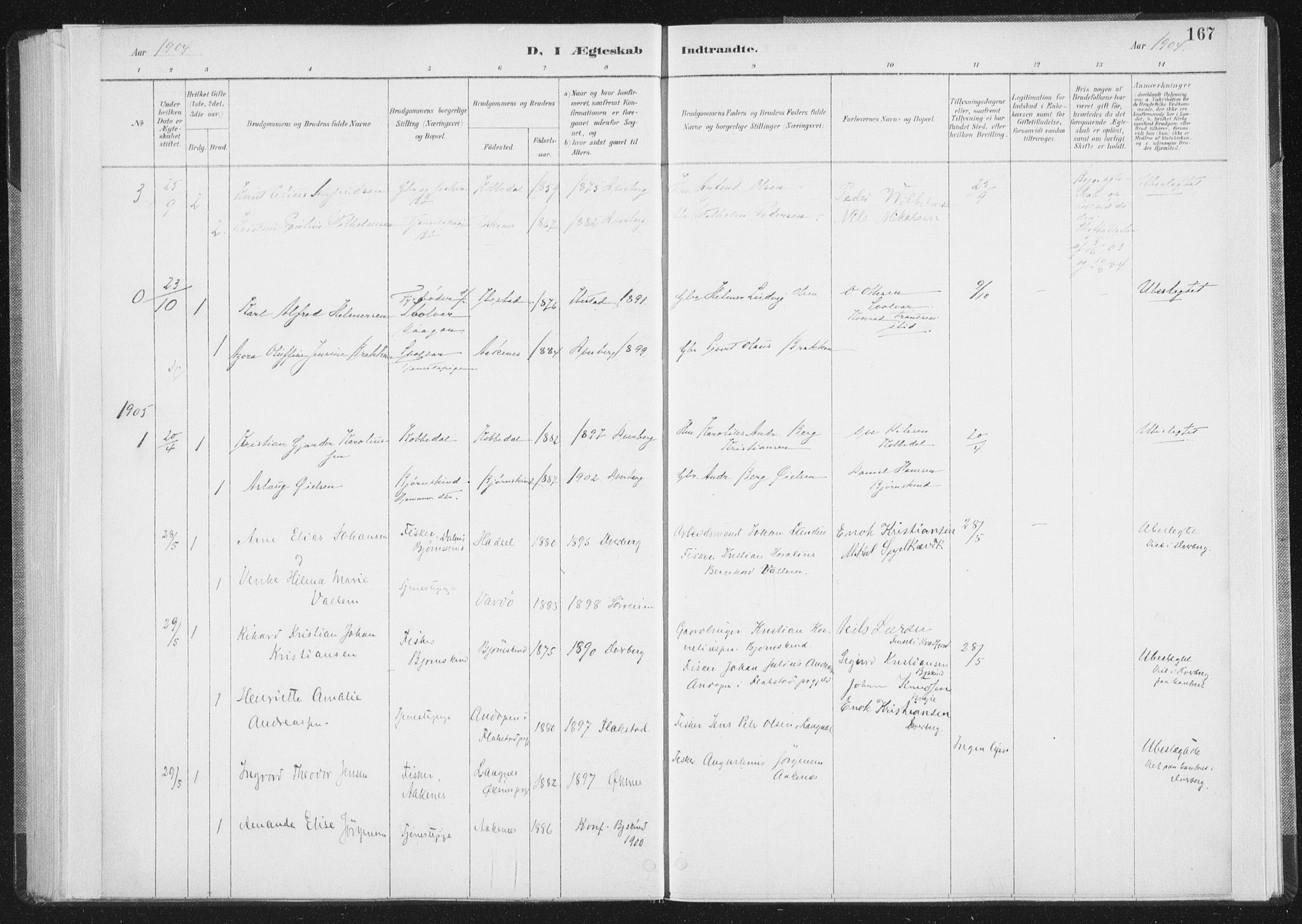 Ministerialprotokoller, klokkerbøker og fødselsregistre - Nordland, SAT/A-1459/898/L1422: Parish register (official) no. 898A02, 1887-1908, p. 167